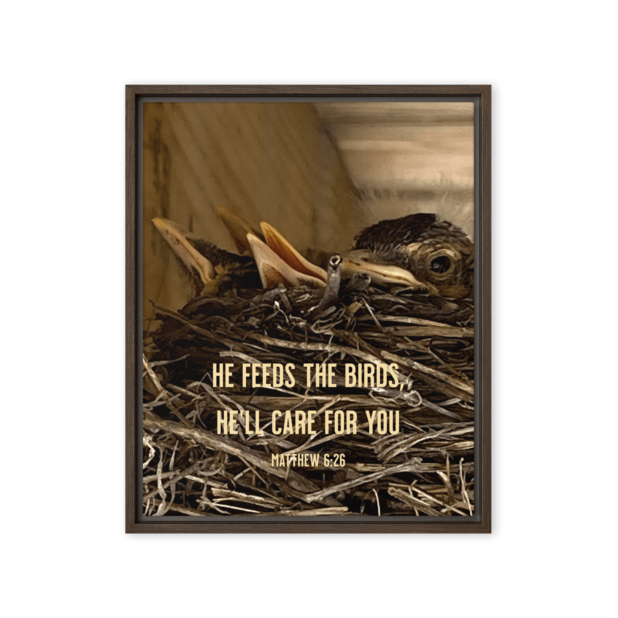 Matt 6:26, Baby Robins, He'll Care for You Framed Canvas