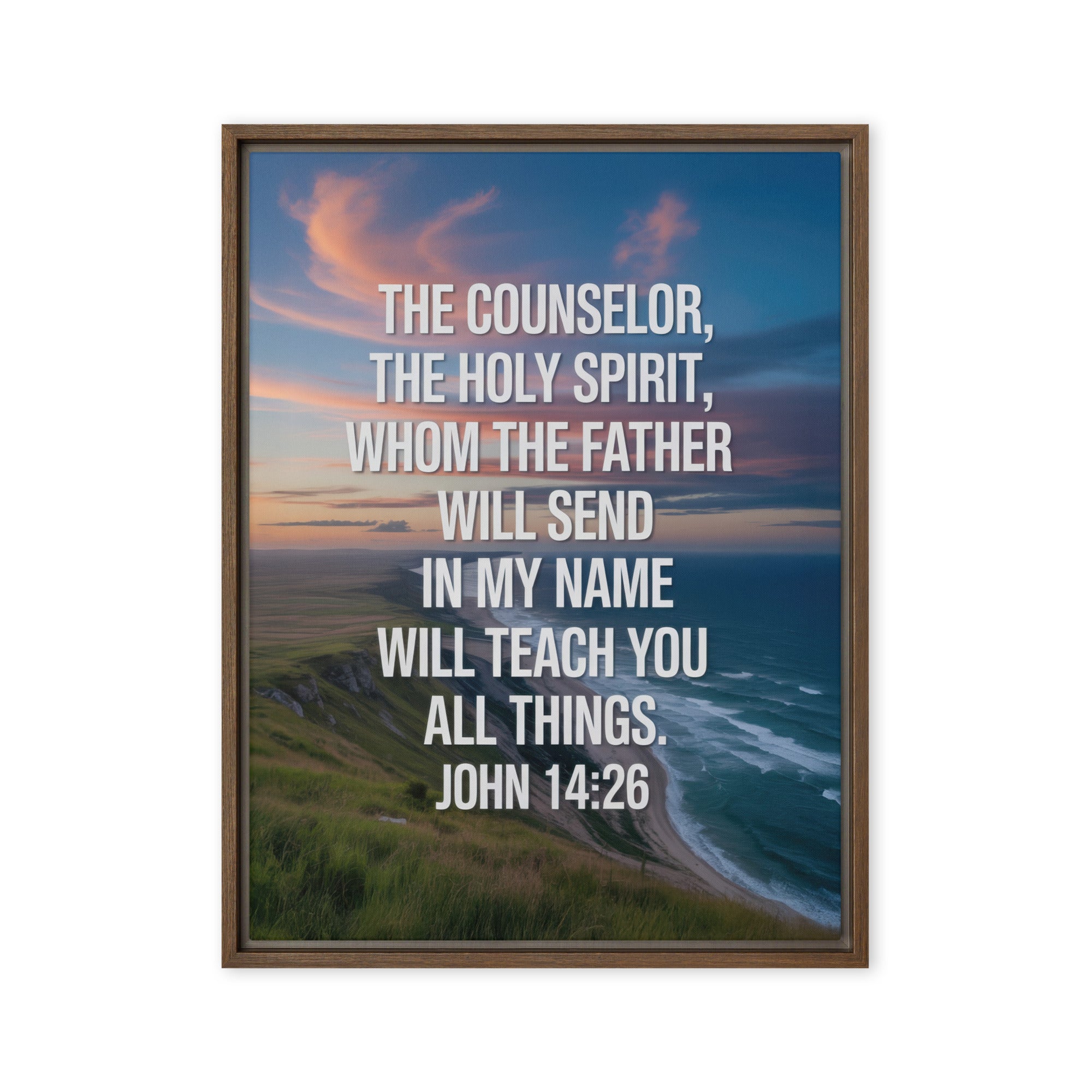 John 14:26 Bible Verse will teach Framed Canvas Brown 18″×24″