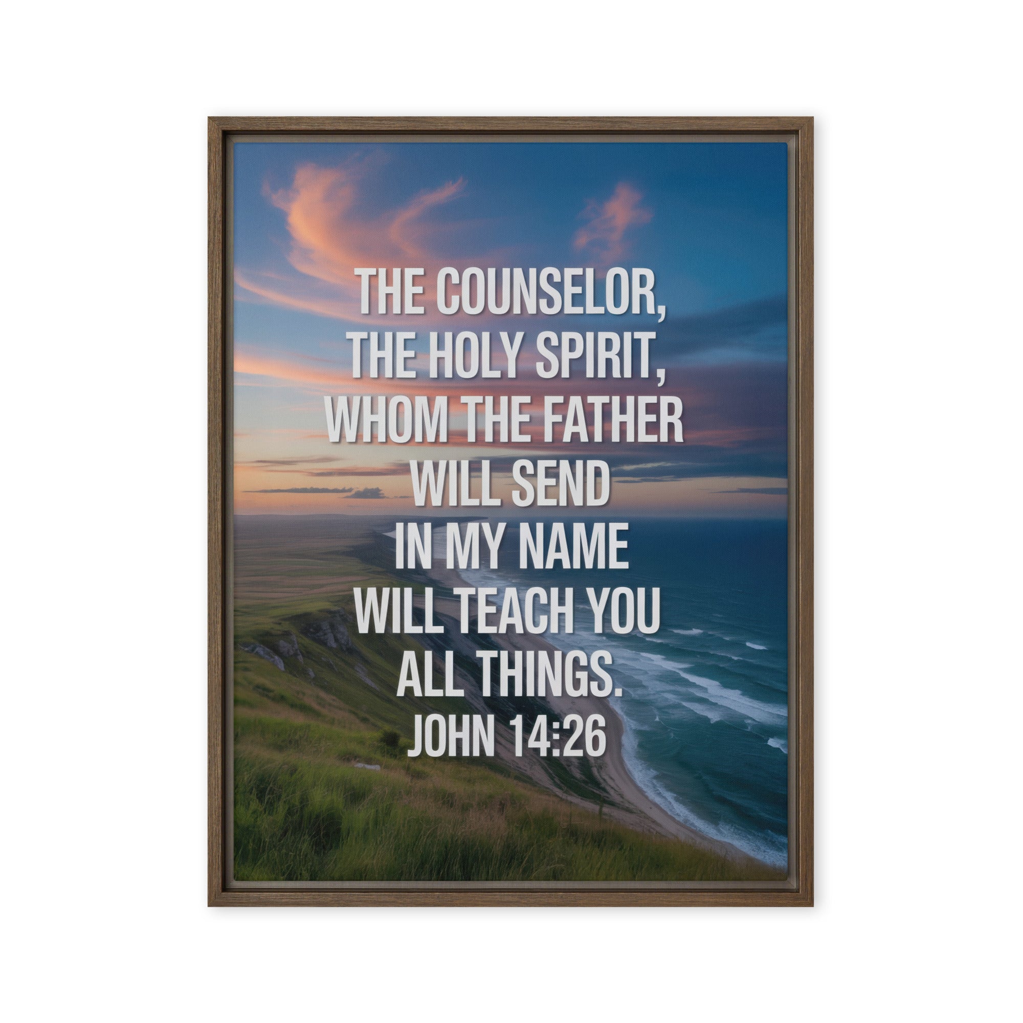 John 14:26 Bible Verse will teach Framed Canvas Brown 24″×32″
