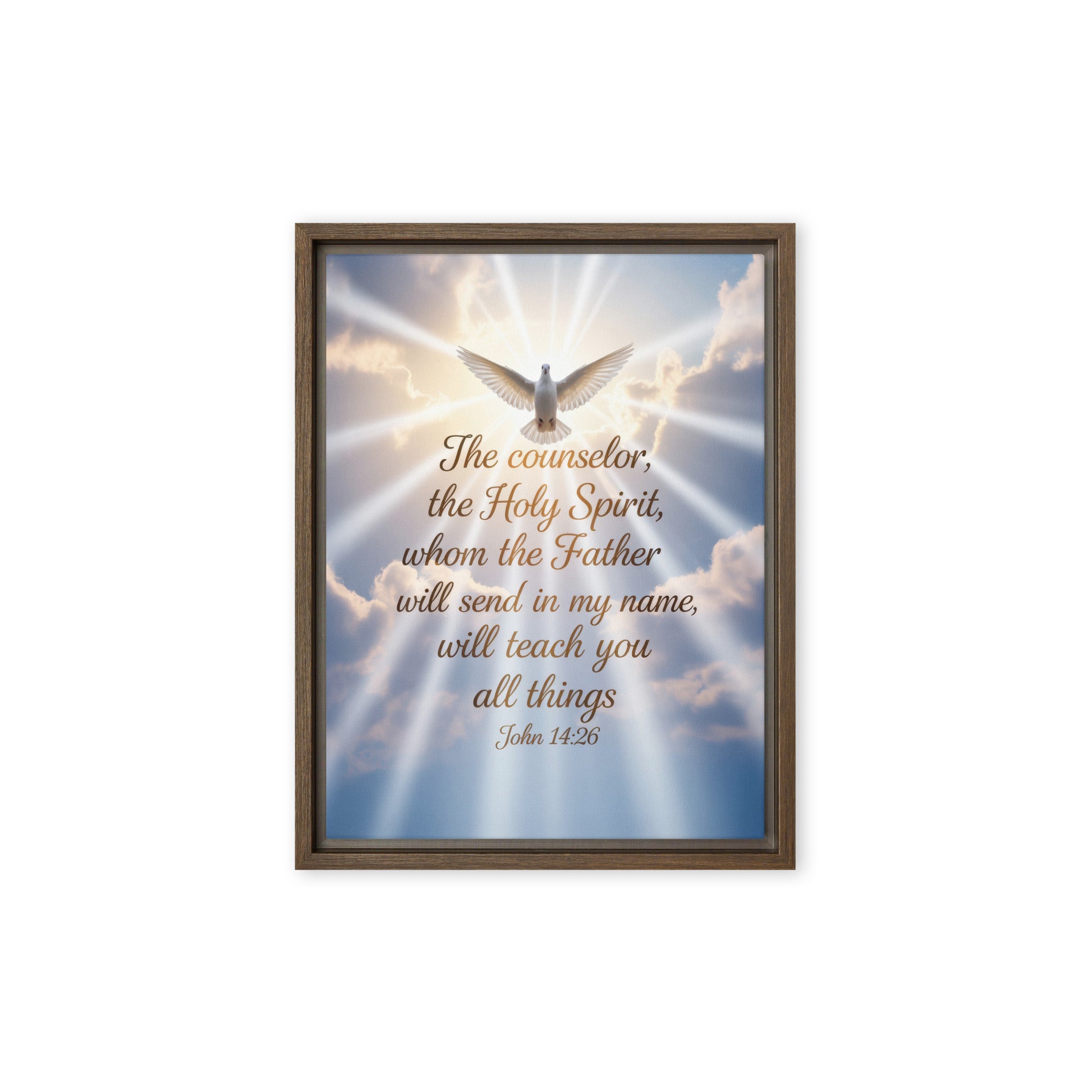 John 14:26 Bible Verse Father Framed Canvas Brown 9″×12″