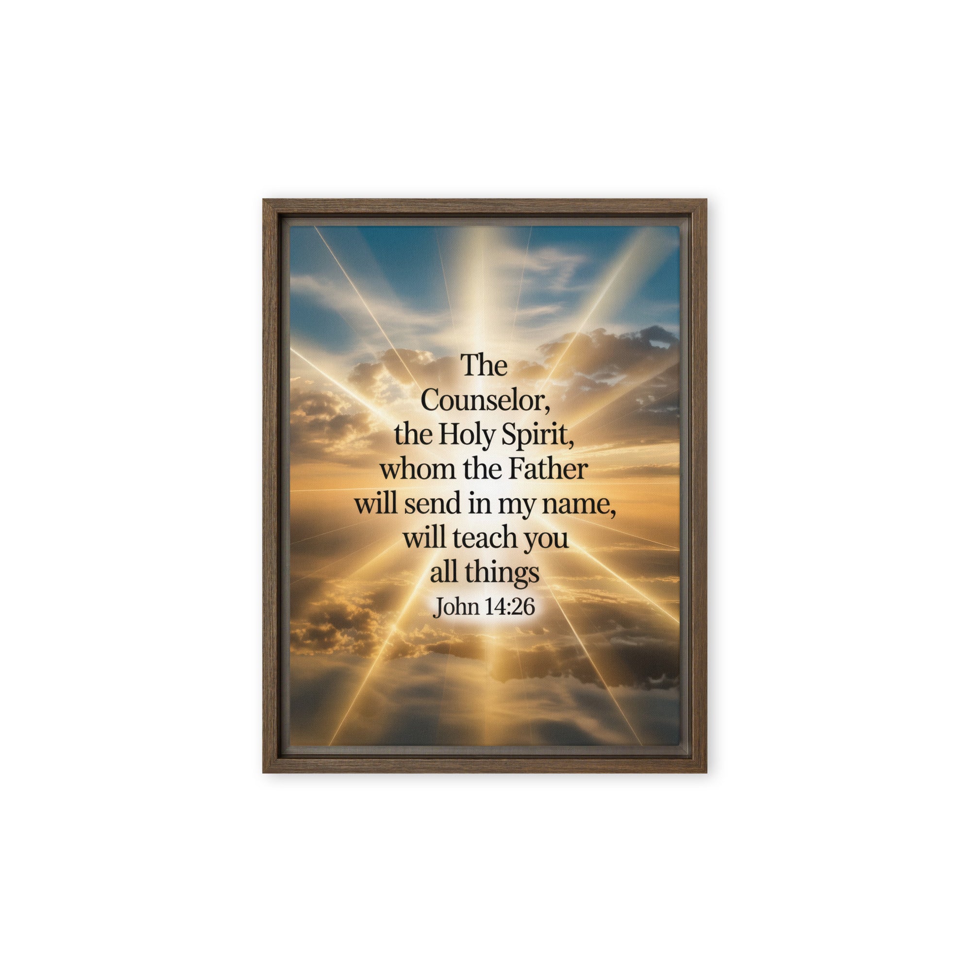 John 14:26 Bible Verse will send Framed Canvas Brown 9″×12″