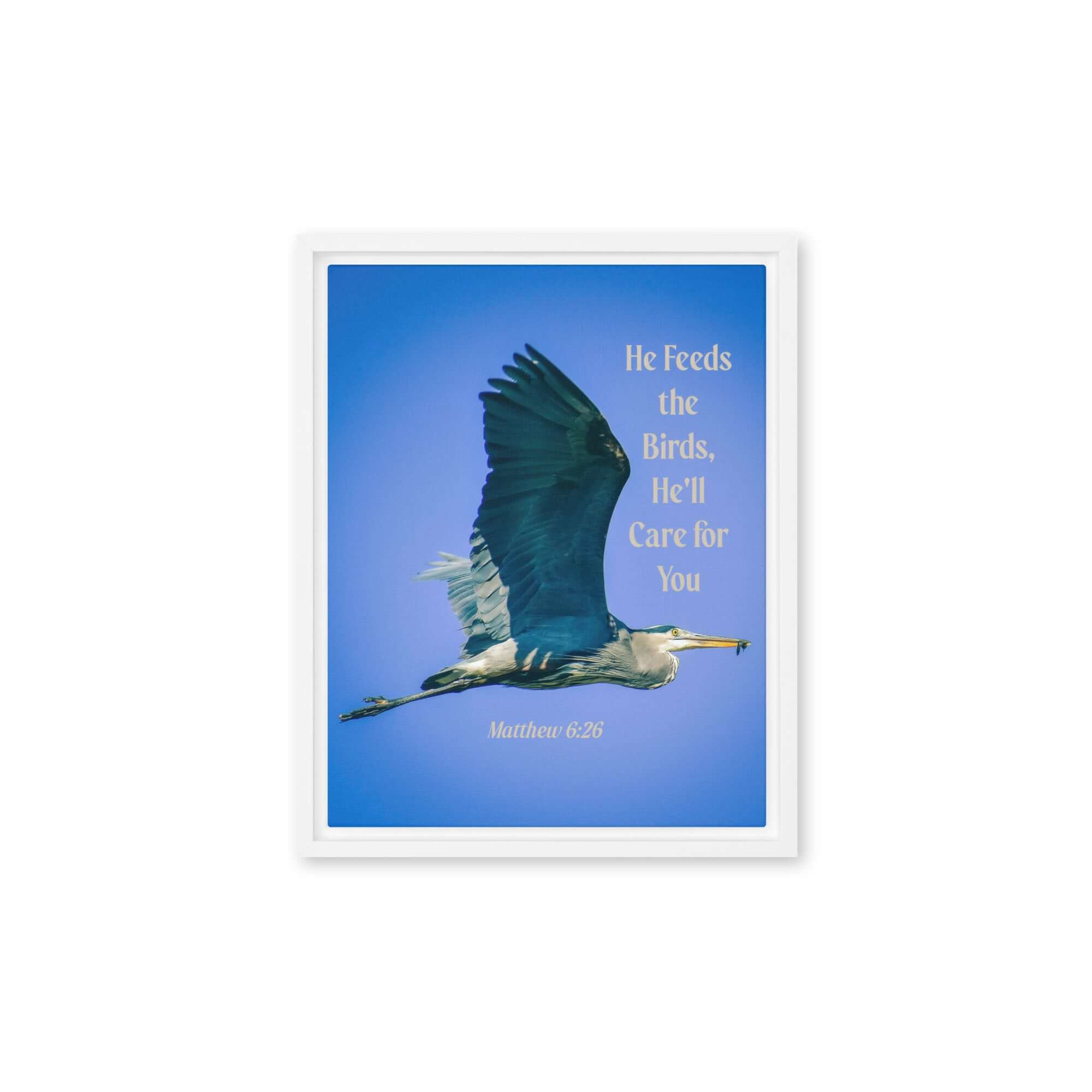 Matt 6:26, Graceful Heron, He'll Care for You Framed Canvas