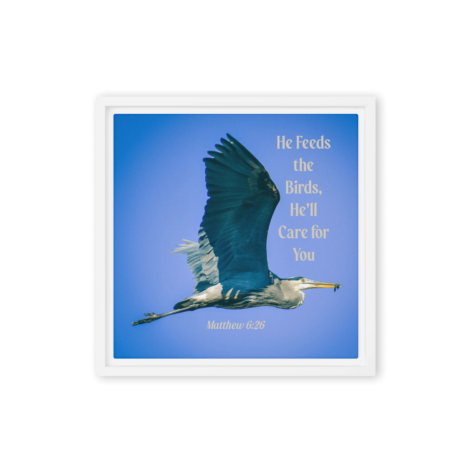 Matt 6:26, Graceful Heron, He'll Care for You Framed Canvas