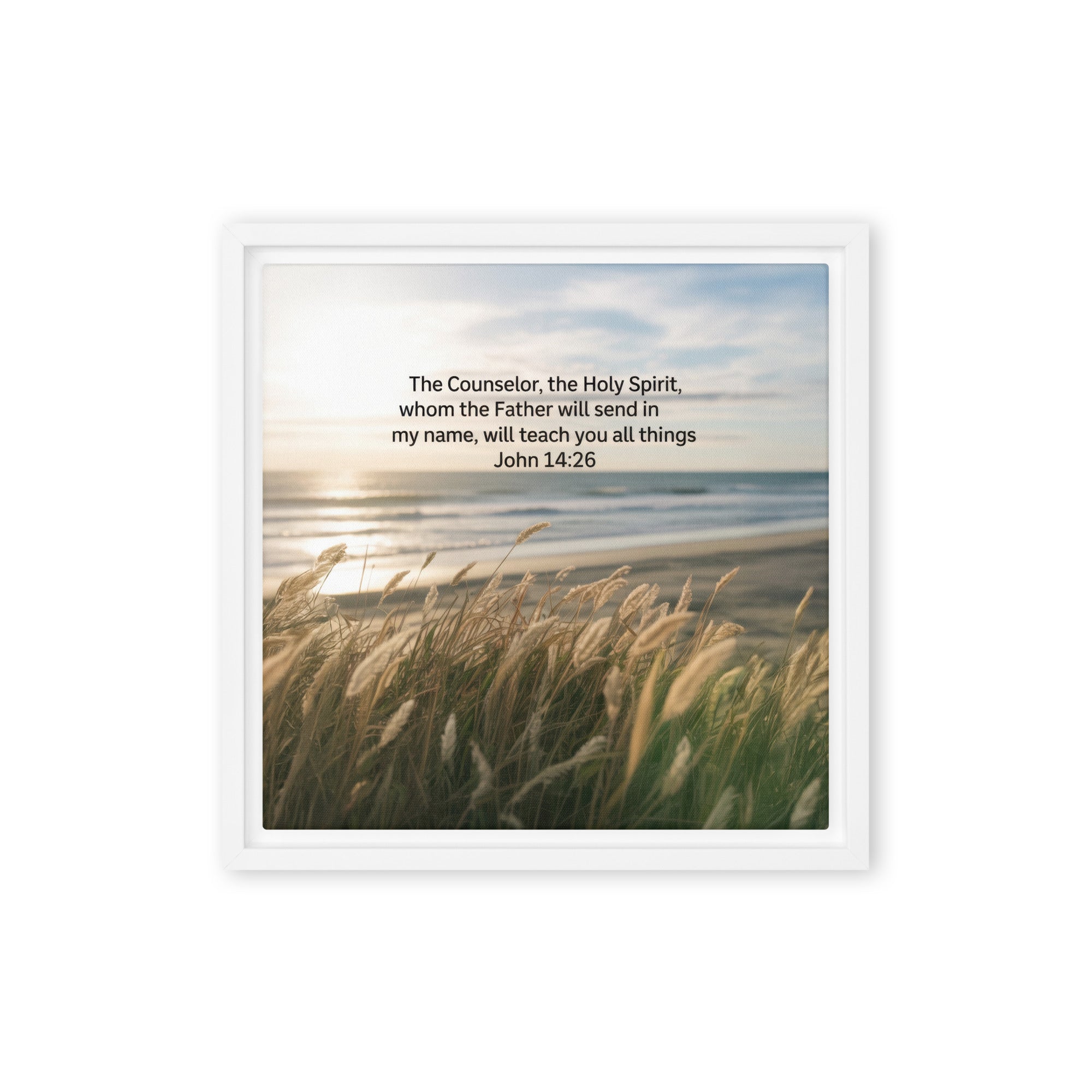 John 14:26 Bible Verse in my name Framed Canvas White 12″×12″