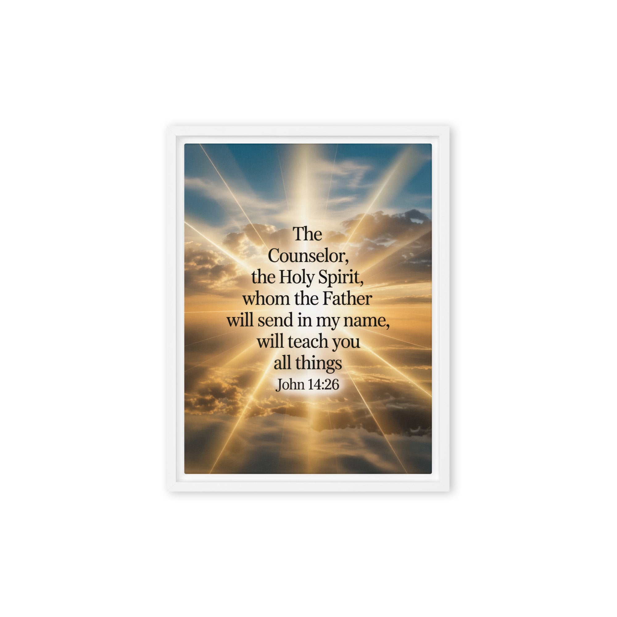 John 14:26 Bible Verse will send Framed Canvas White 12″×16″