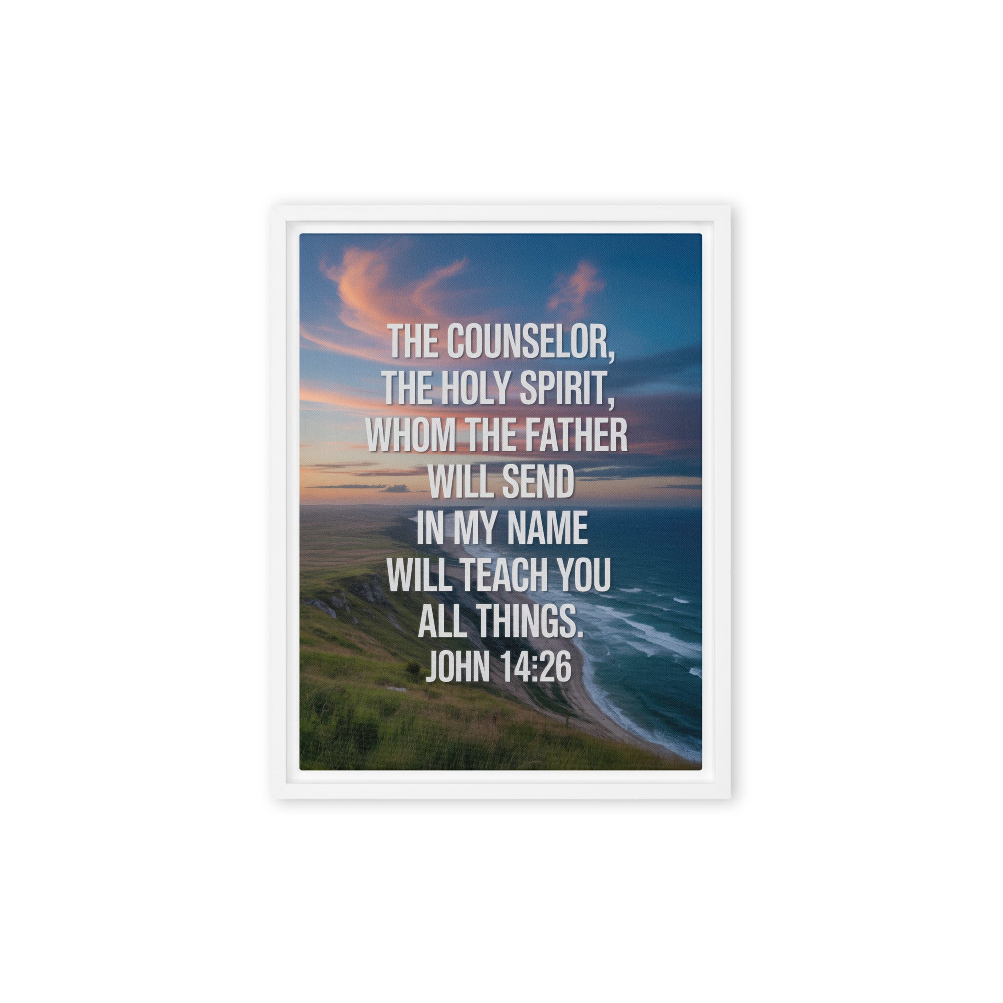 John 14:26 Bible Verse will teach Framed Canvas White 12″×16″