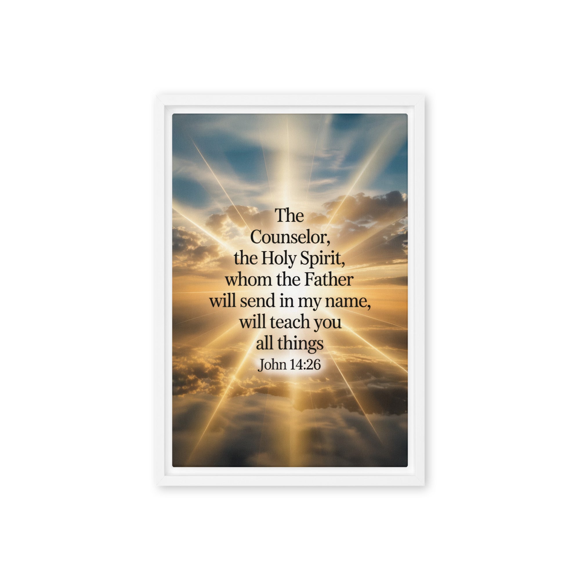 John 14:26 Bible Verse will send Framed Canvas White 12″×18″