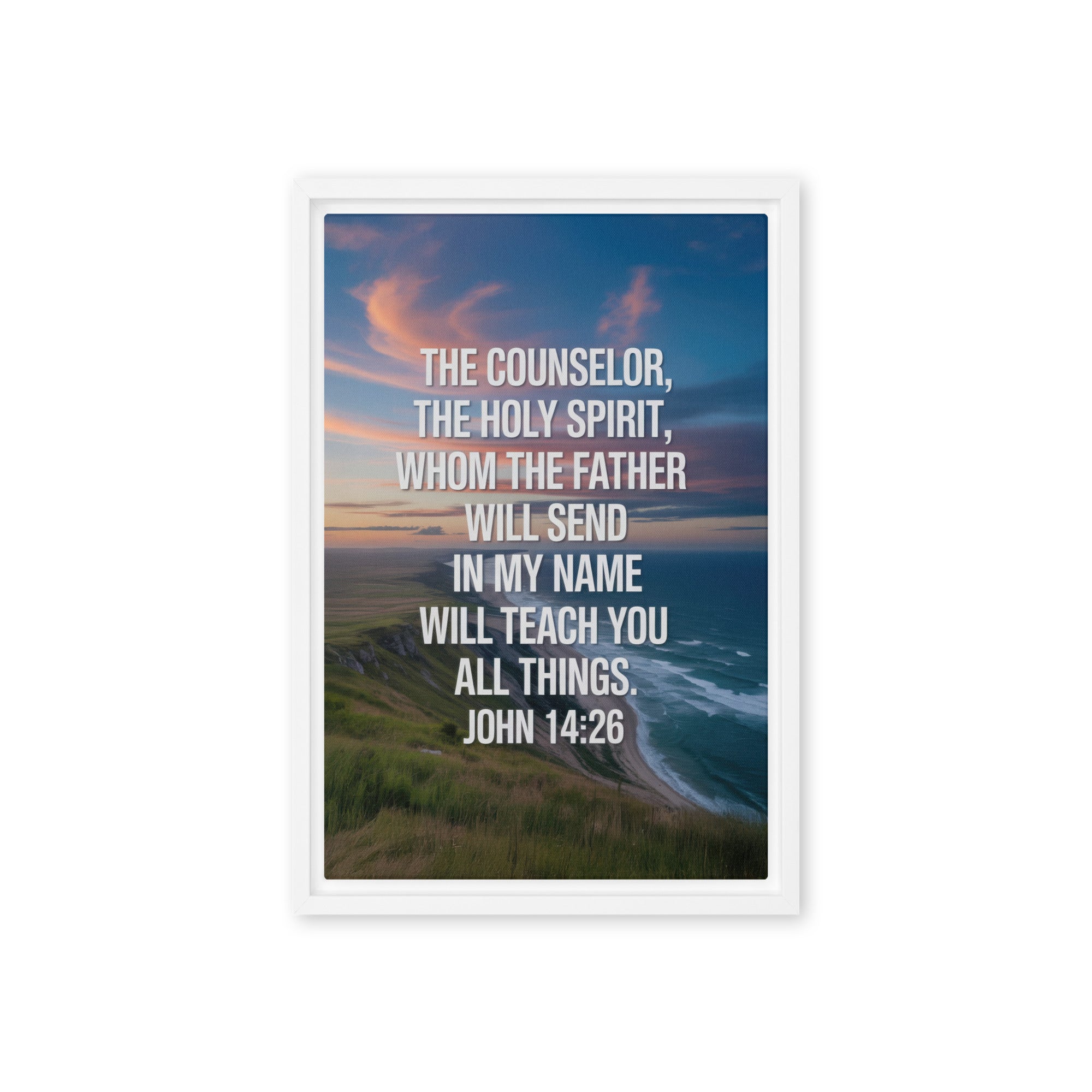 John 14:26 Bible Verse will teach Framed Canvas White 12″×18″