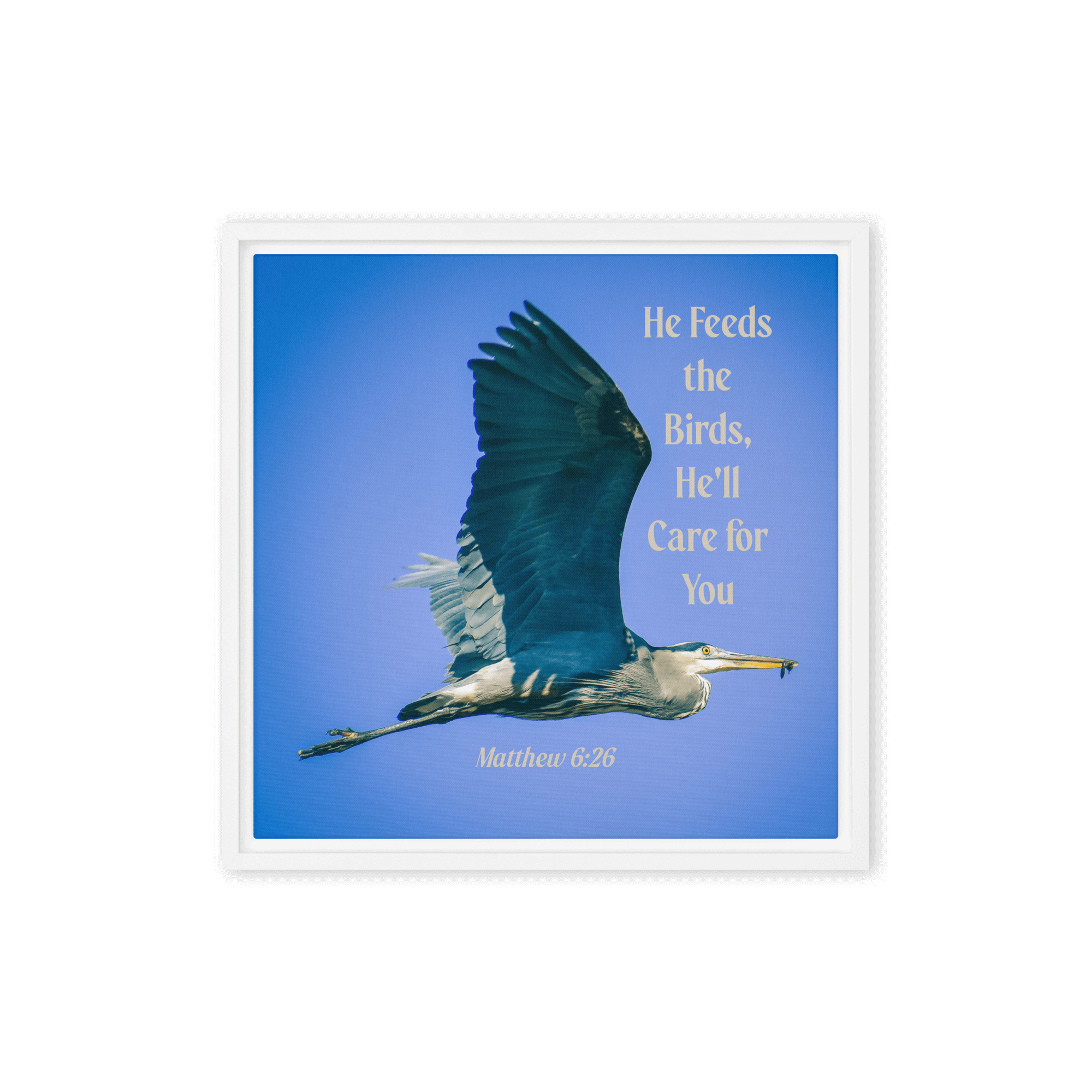 Matt 6:26, Graceful Heron, He'll Care for You Framed Canvas