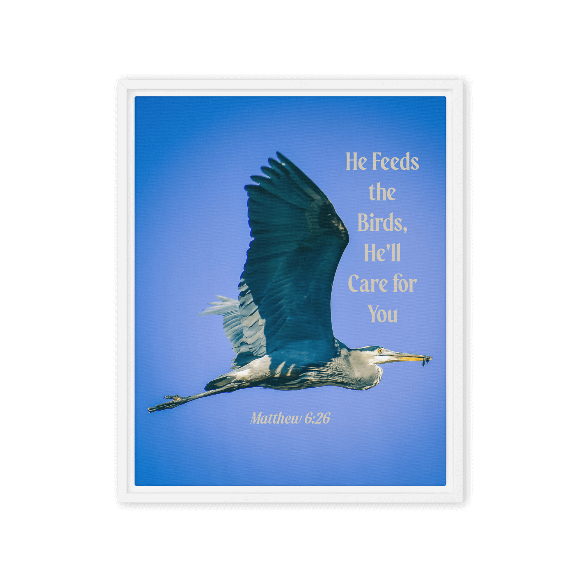 Matt 6:26, Graceful Heron, He'll Care for You Framed Canvas