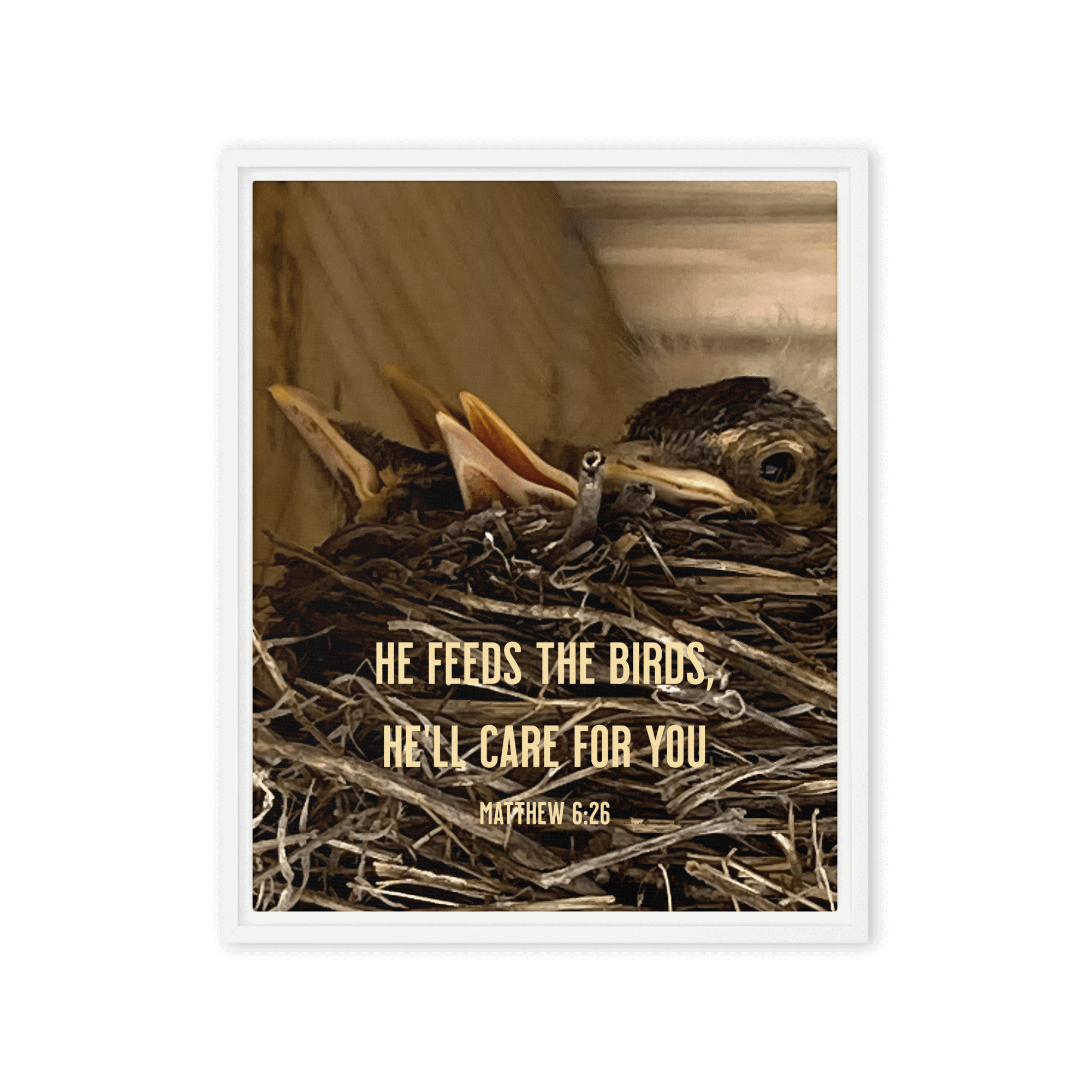 Matt 6:26, Baby Robins, He'll Care for You Framed Canvas