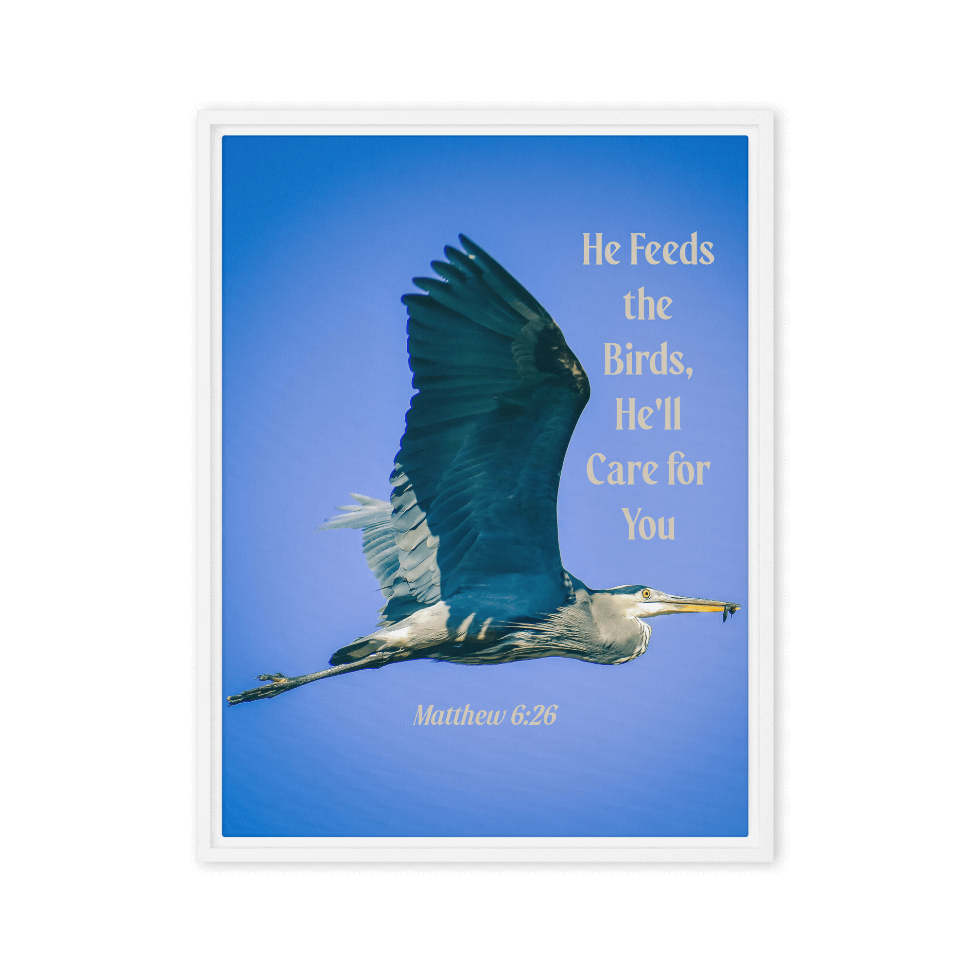 Matt 6:26, Graceful Heron, He'll Care for You Framed Canvas