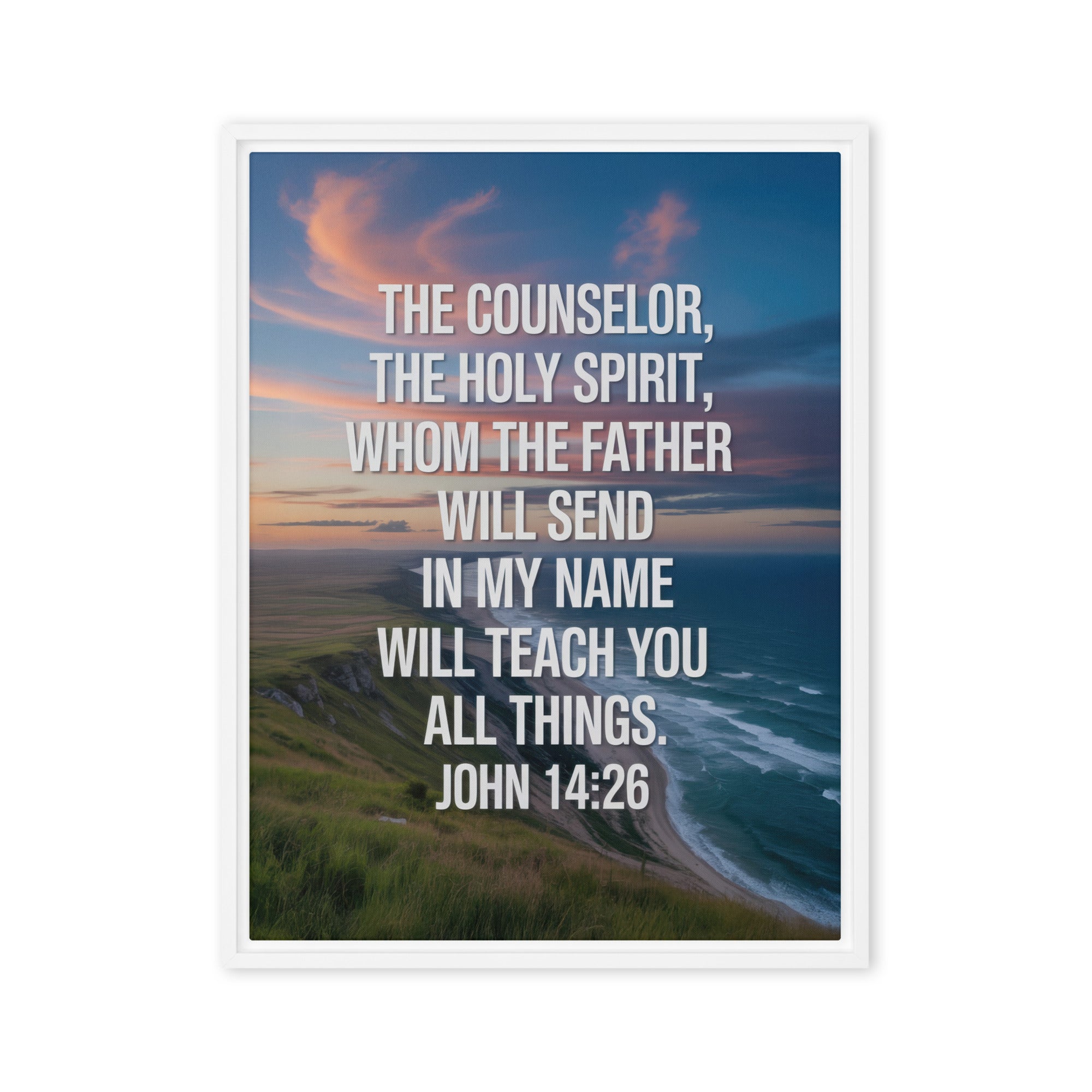John 14:26 Bible Verse will teach Framed Canvas White 18″×24″