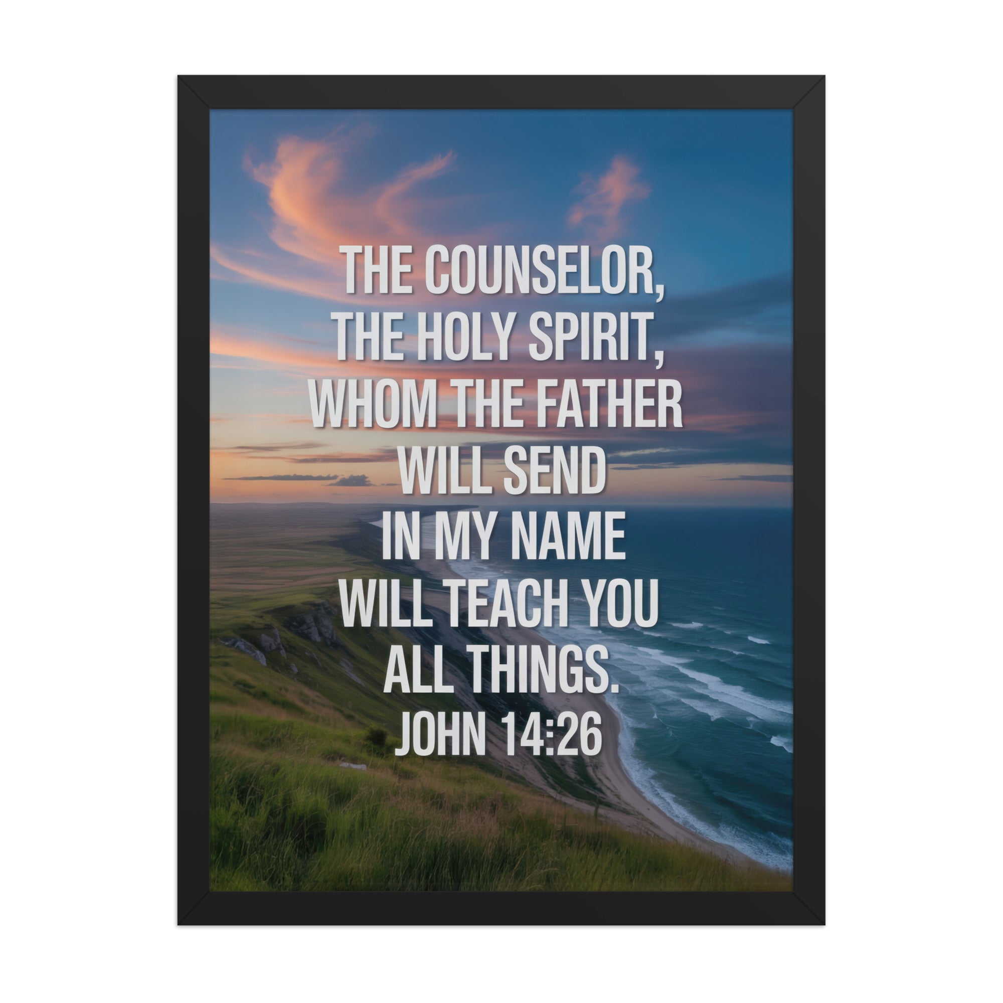 John 14:26 Bible Verse will teach Premium Luster Photo Paper Framed Poster Black 18″×24″