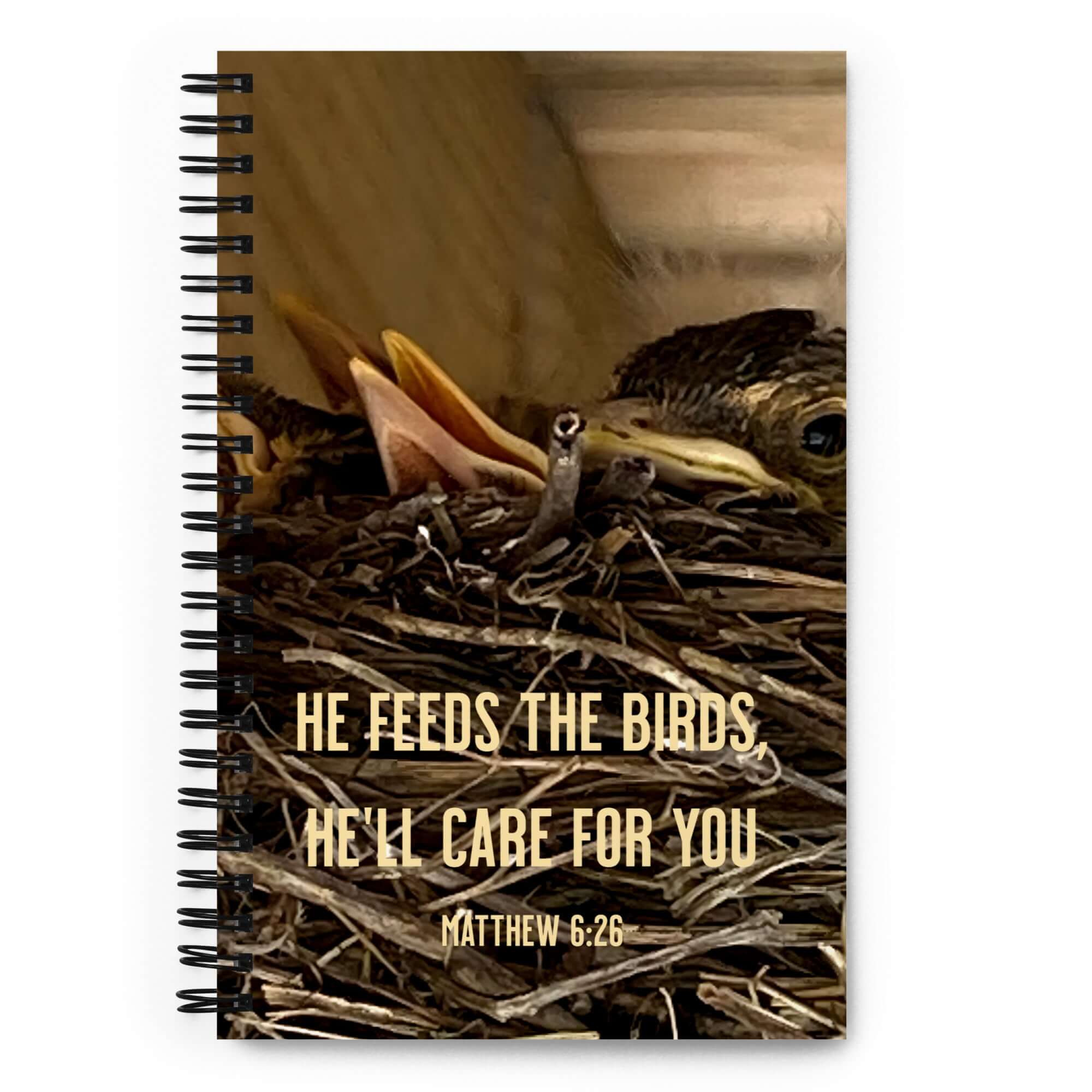 Matt 6:26, Baby Robins, He'll Care for You Spiral Notebook