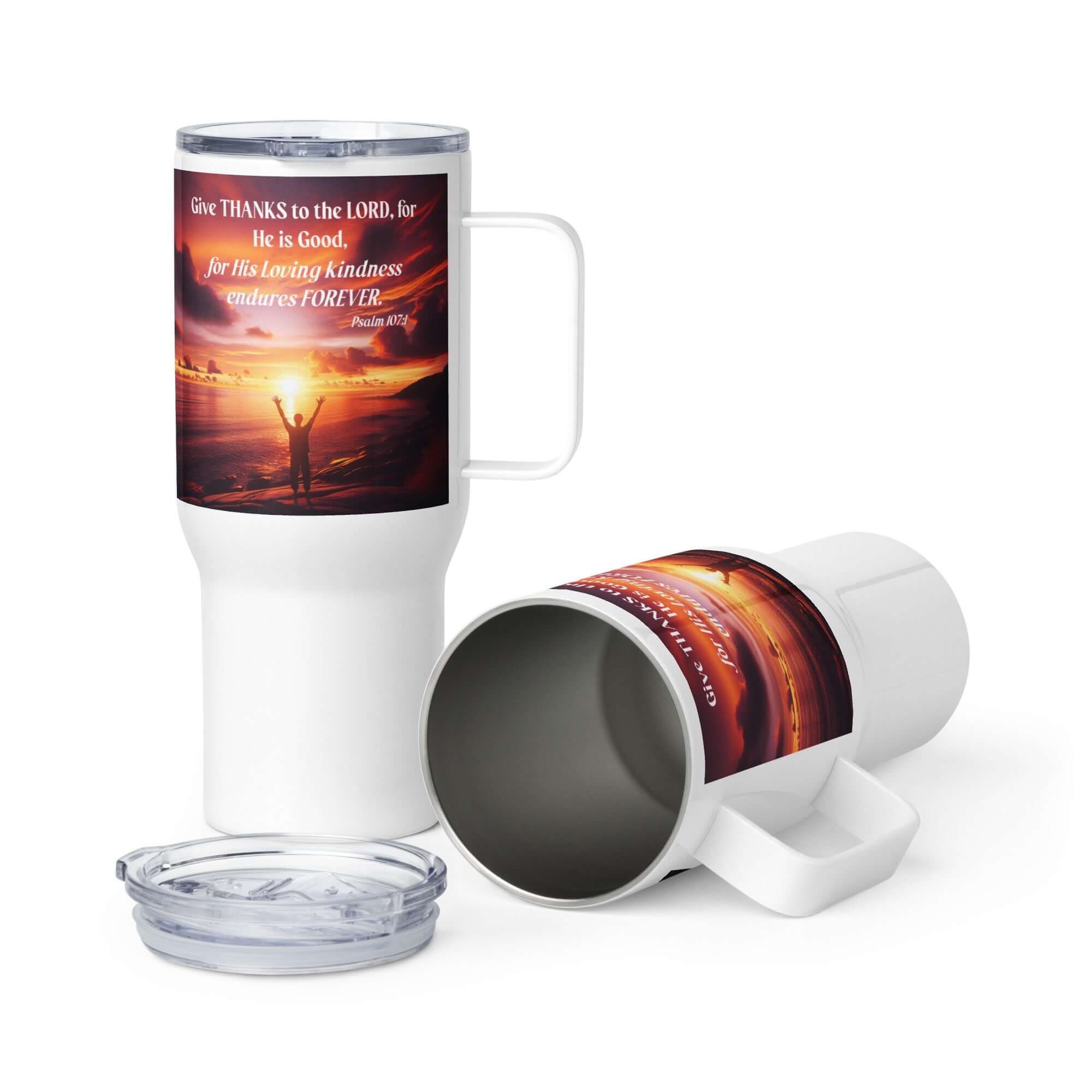 Psalm 107:1 - Bible Verse, Give Thanks to the Lord Travel Mug