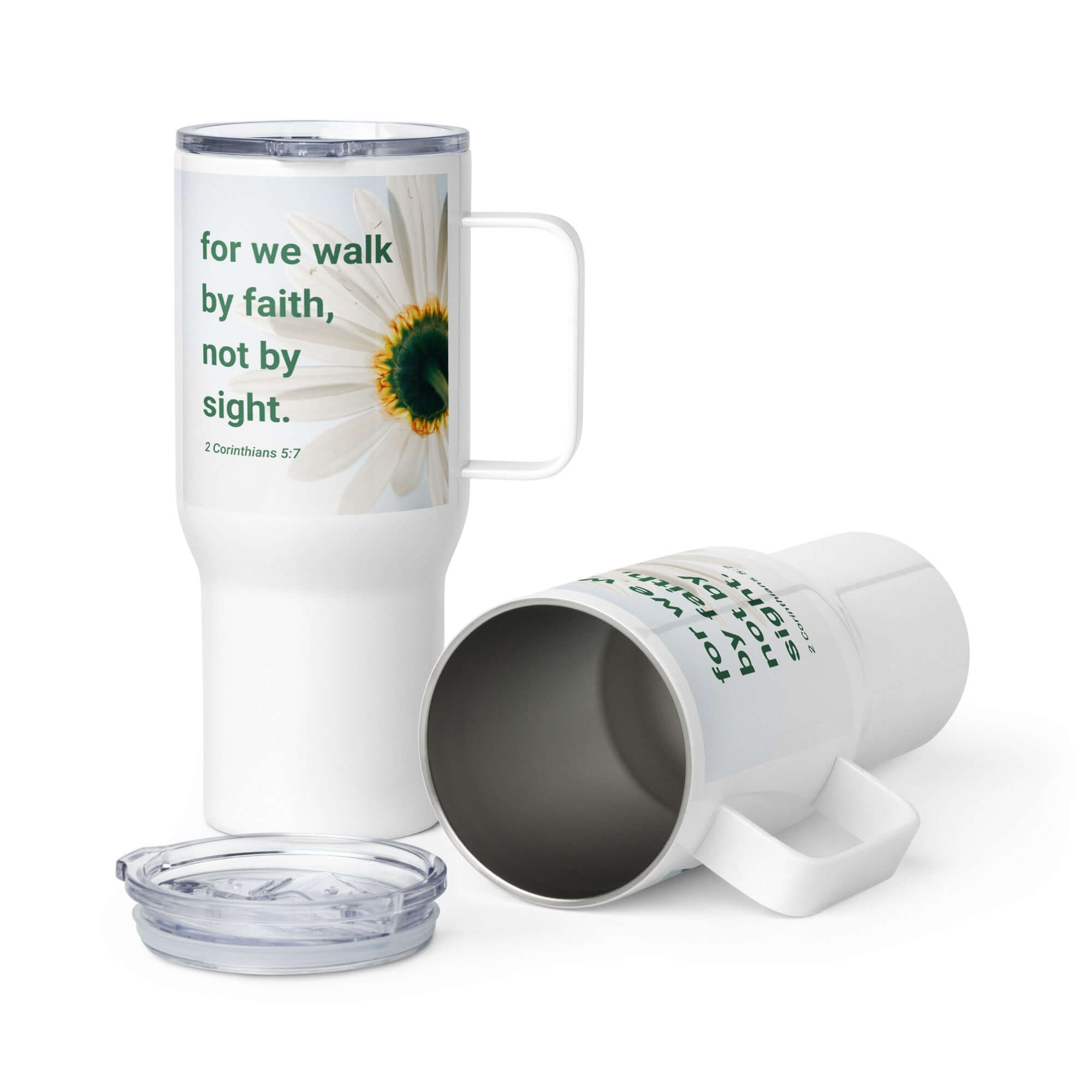 2 Cor. 5:7 - Bible Verse, for we walk by faith Travel Mug with a Handle