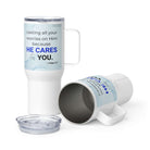 1 Pet 5:7 - Bible Verse, casting all your worries on Him Travel Mug with a Handle