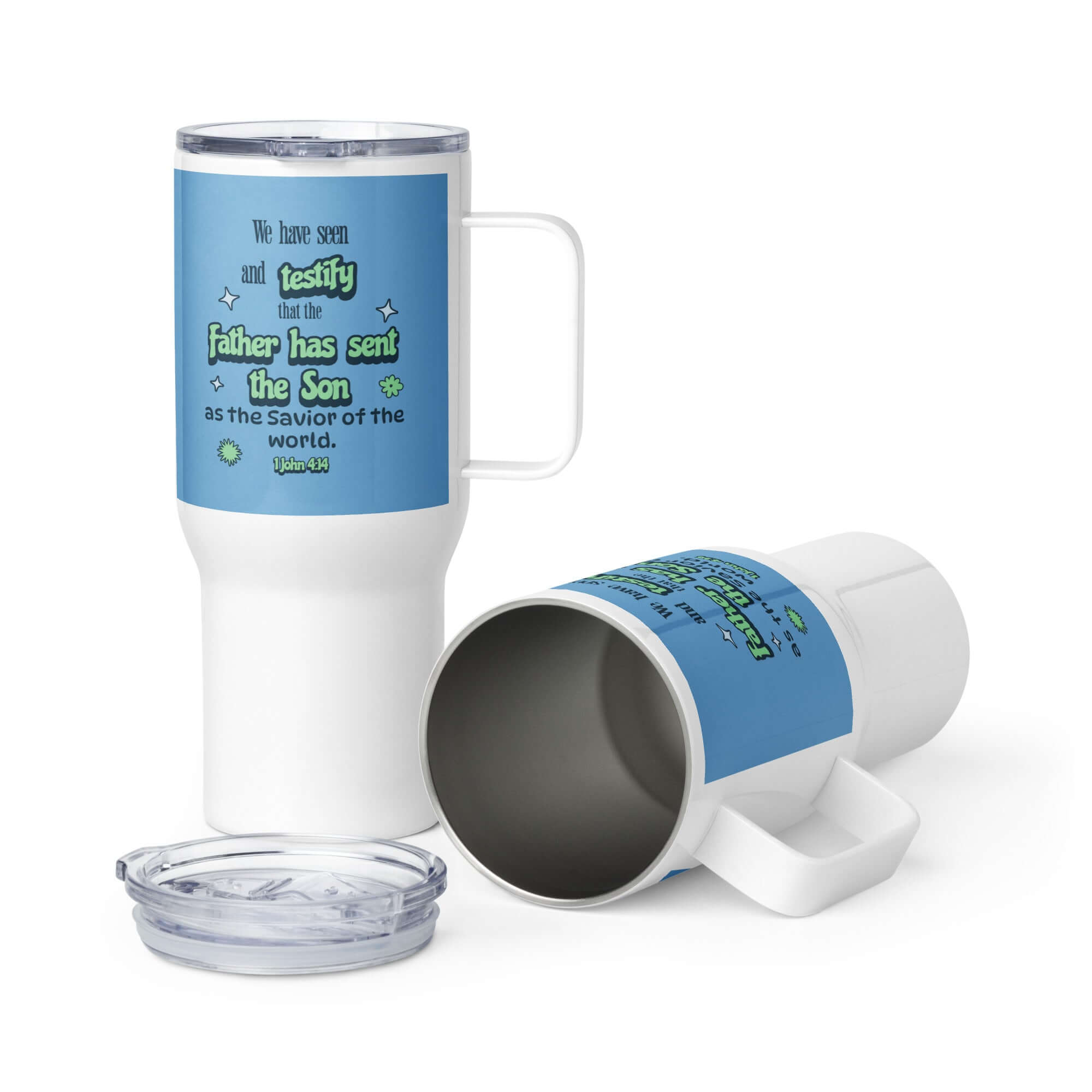 1 John 4:14 - Bible Verse, sent the Son Travel Mug with a Handle