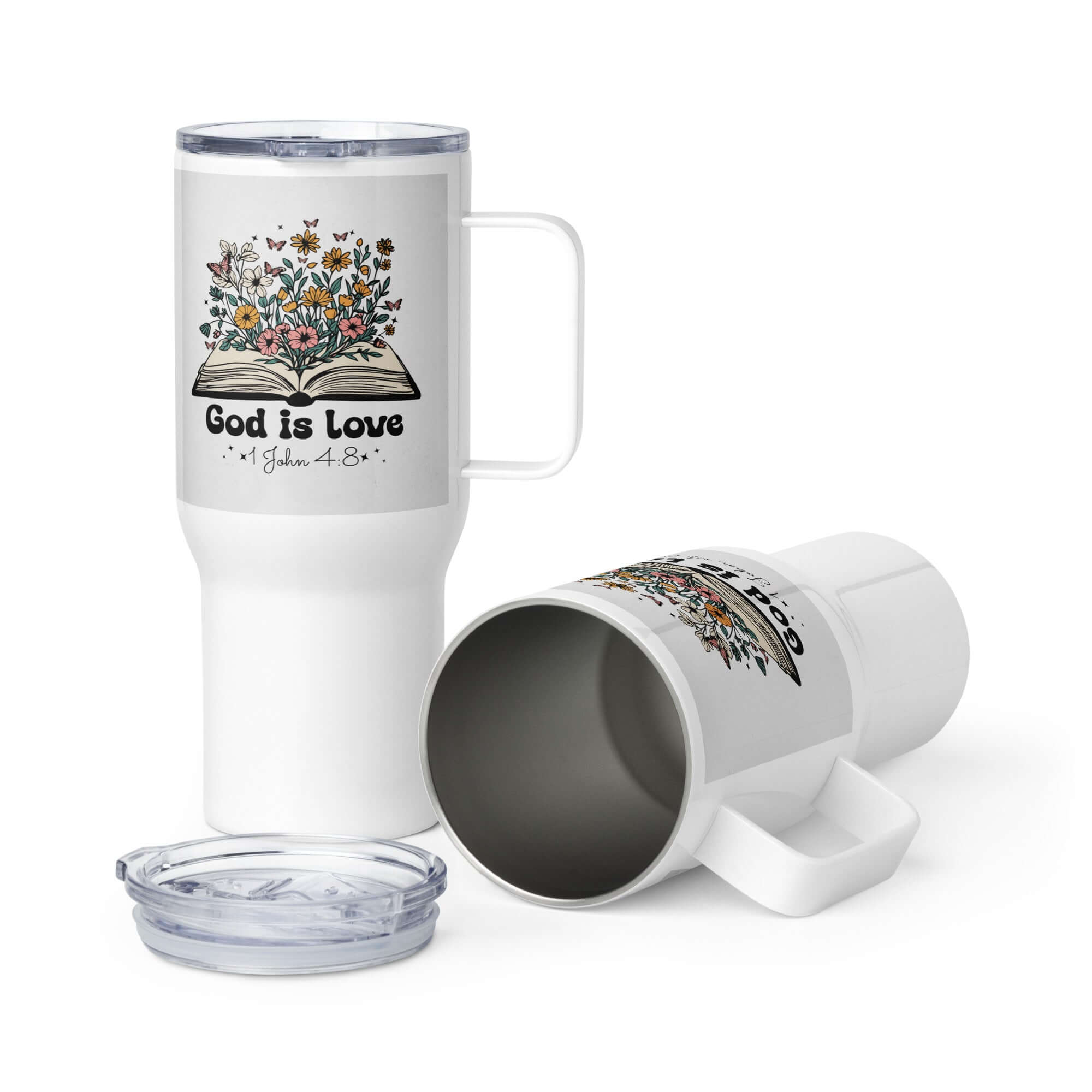 1 John 4:8 - Bible Verse, God is Love Travel Mug with a Handle