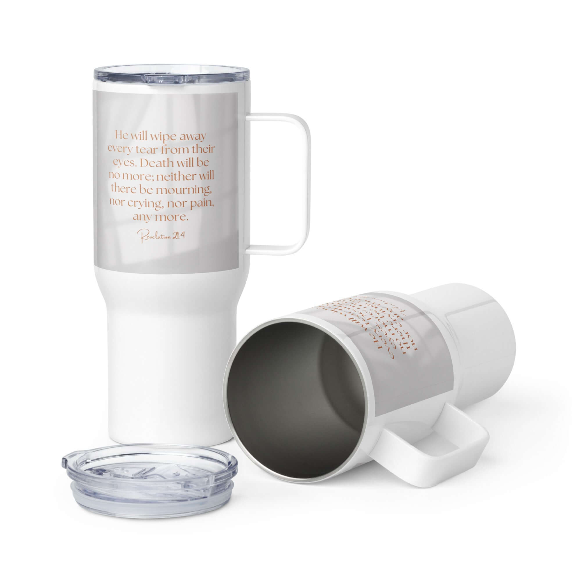 Revelation 21:4 Bible Verse, He will wipe Travel Mug with a Handle