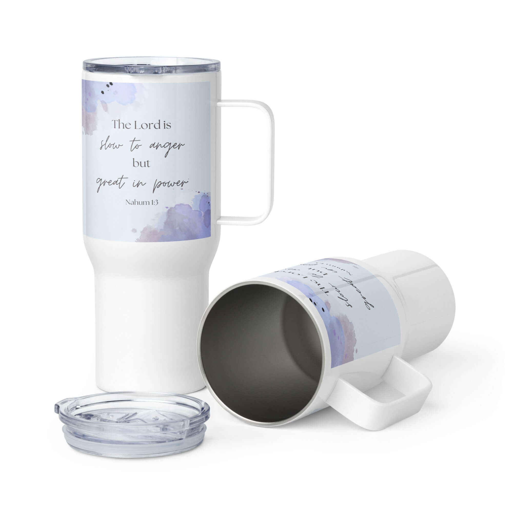 Nahum 1:3 Bible Verse, great in power Travel Mug with a Handle