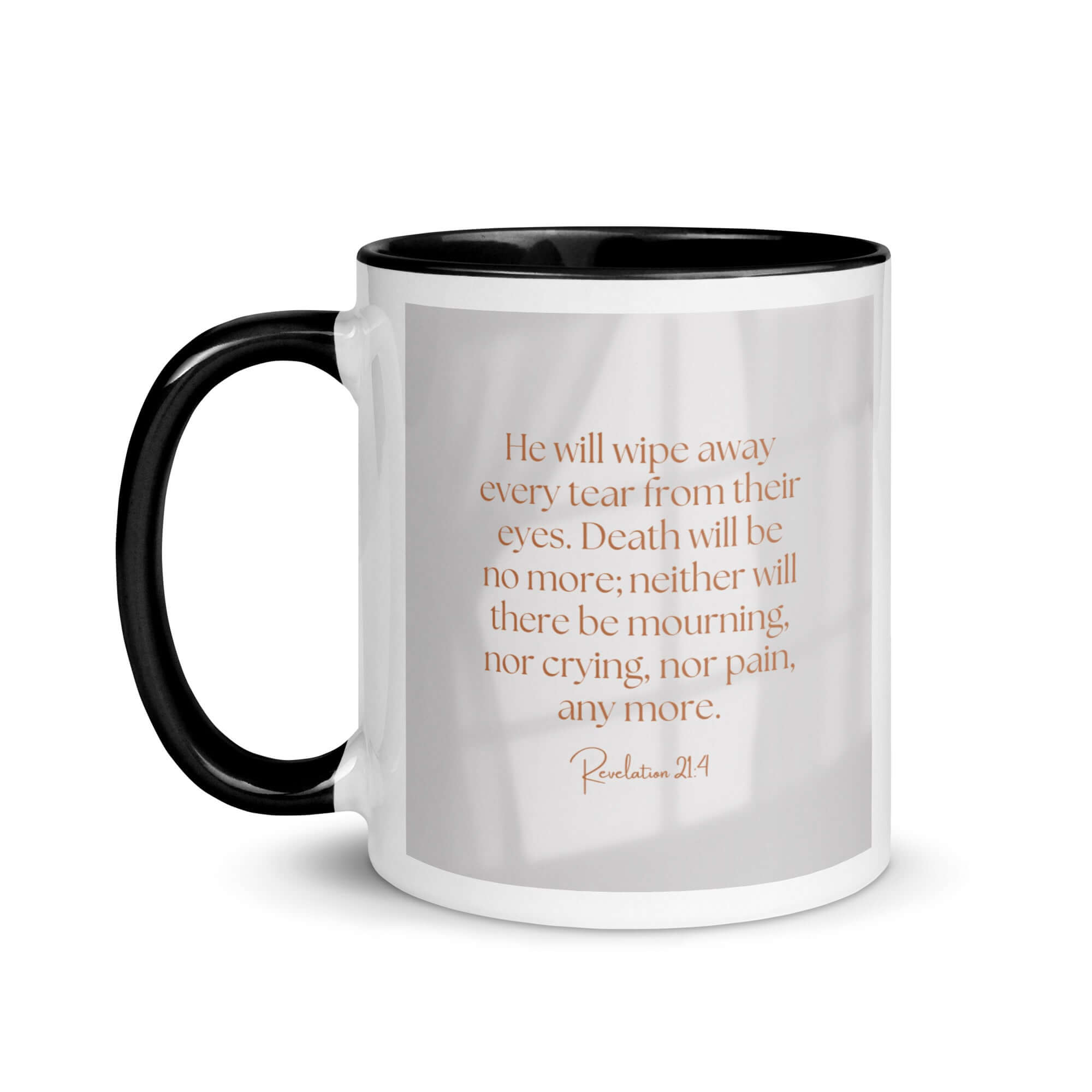 Revelation 21:4 Bible Verse, He will wipe White Ceramic Mug with Color Inside