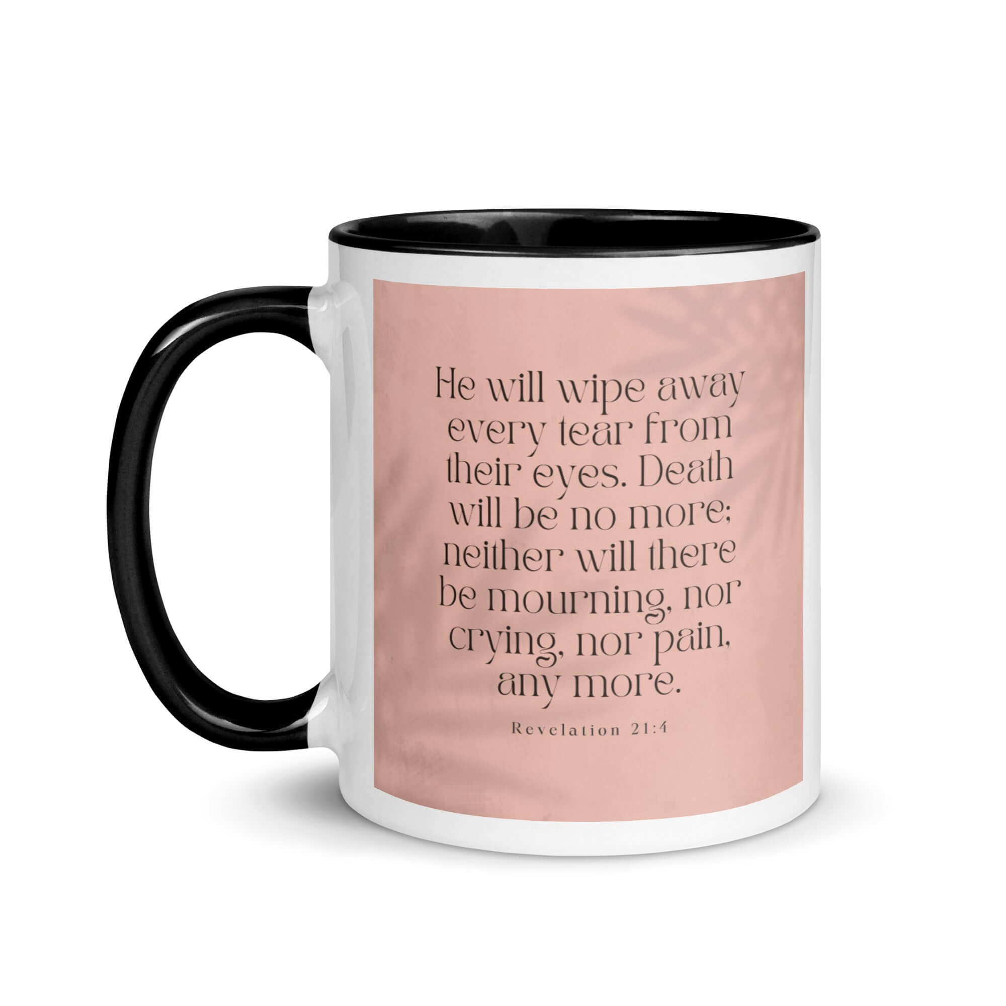 Revelation 21:4 Bible Verse, their eyes White Ceramic Mug with Color Inside