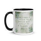 Nahum 1:3 Bible Verse, The Lord is slow White Ceramic Mug with Color Inside