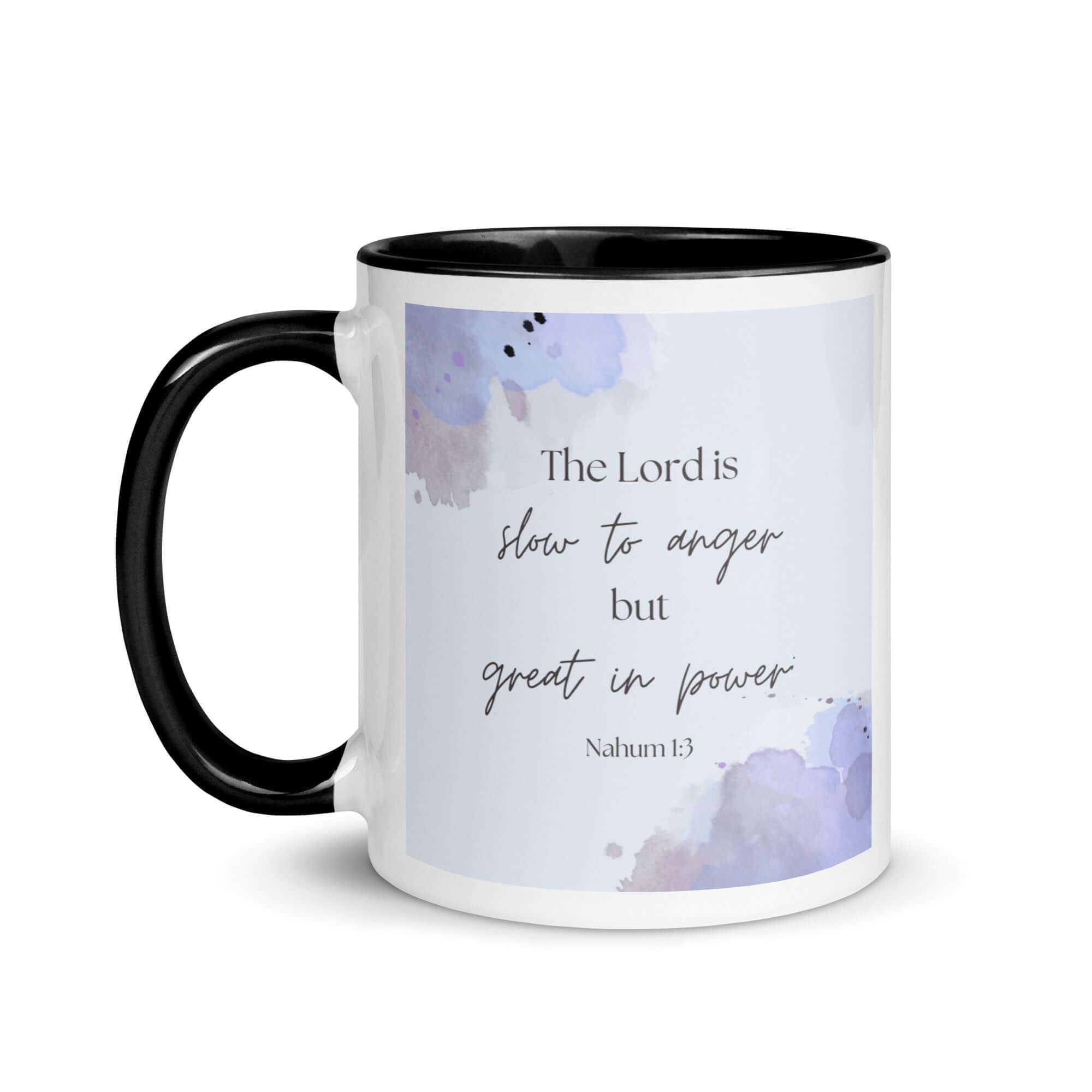 Nahum 1:3 Bible Verse, great in power White Ceramic Mug with Color Inside