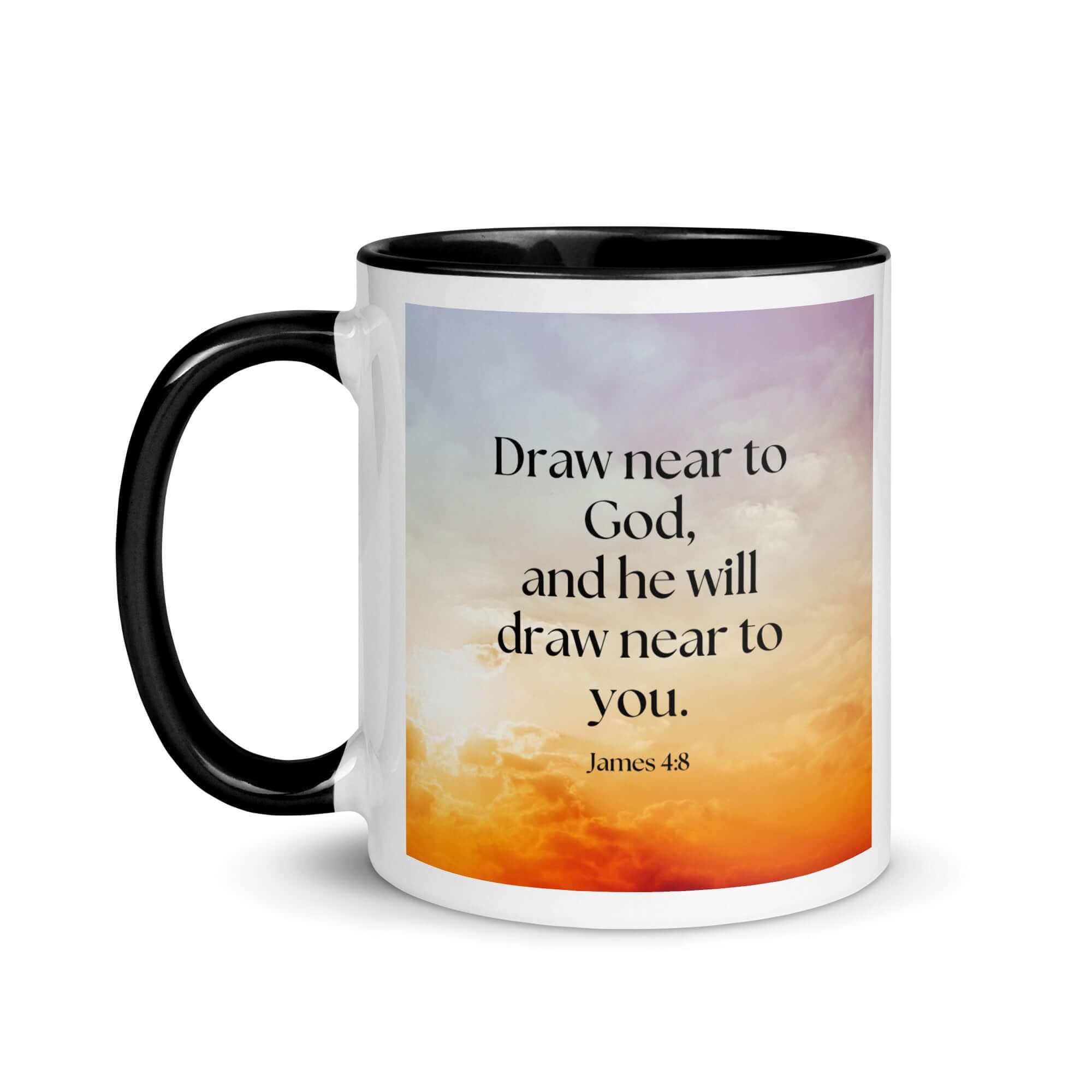 James 4:8 Bible Verse, he will draw White Ceramic Mug with Color Inside