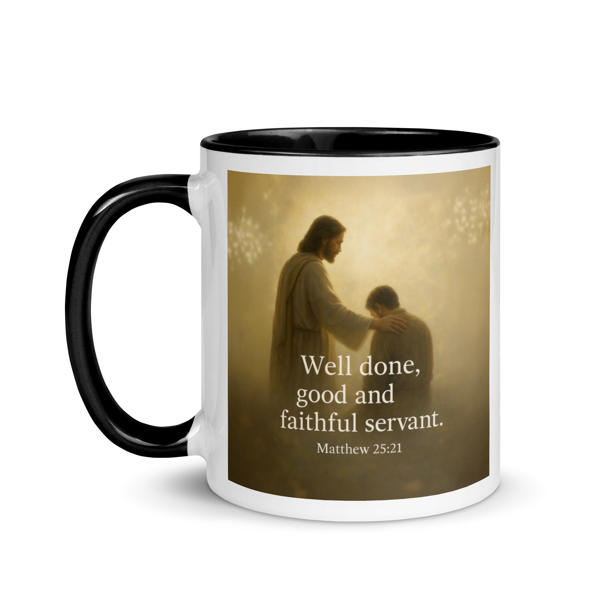 Matthew 25:21 Bible Verse Well Done White Ceramic Mug with Color Inside