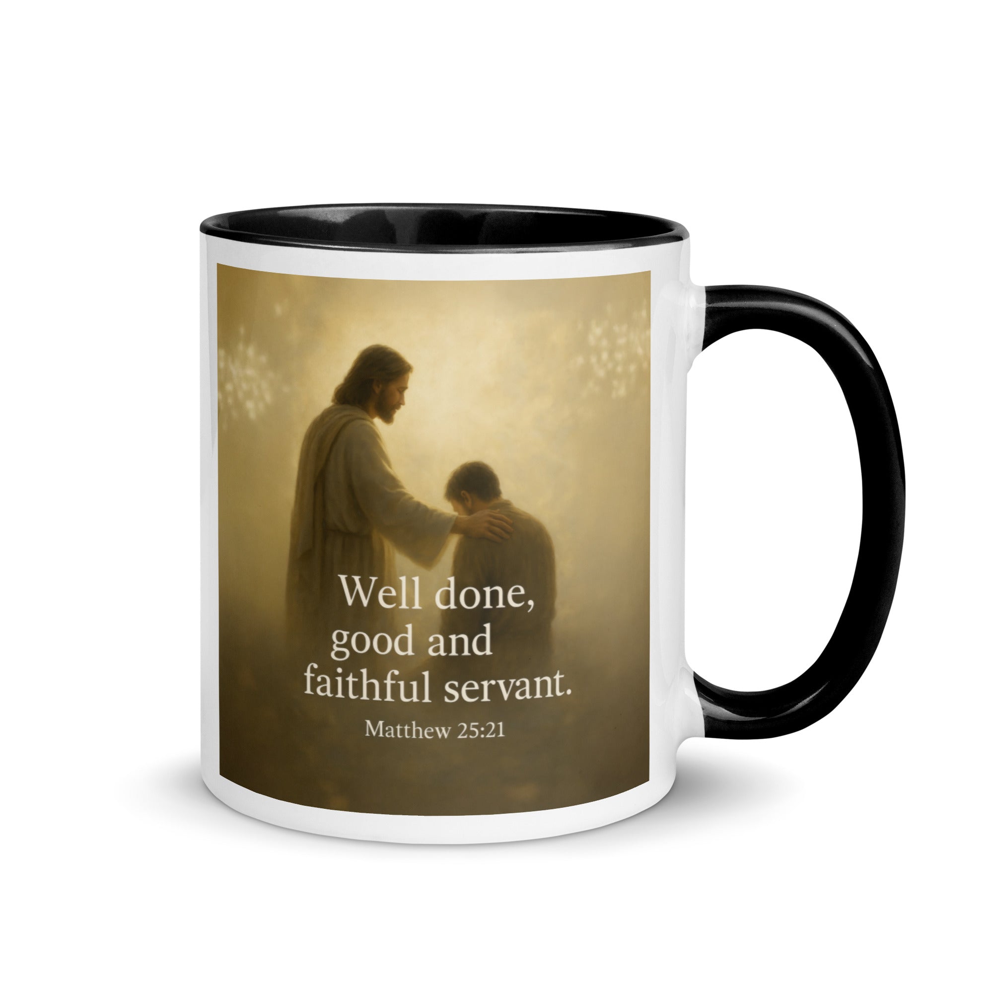 Matthew 25:21 Bible Verse Well Done White Ceramic Mug with Color Inside Black 11 oz