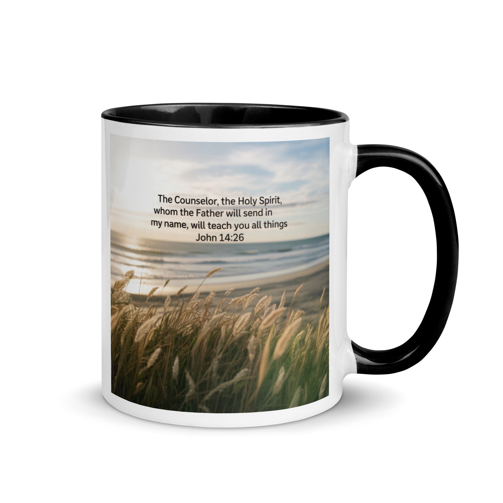 John 14:26 Bible Verse in my name White Ceramic Mug with Color Inside Black 11 oz