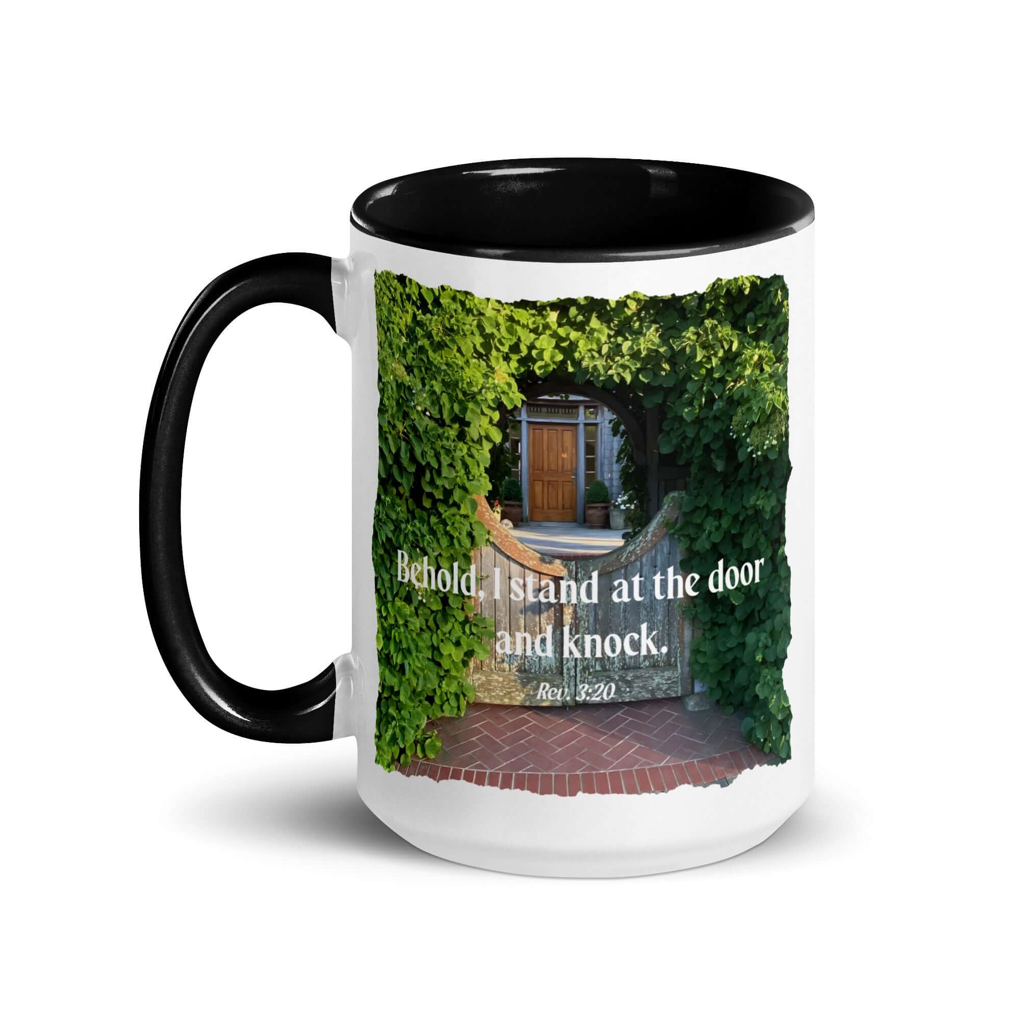 Rev 3:20 Bible Verse, Garden Doorway White Ceramic Mug with Color Inside