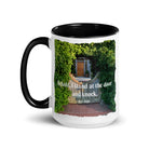 Rev 3:20 Bible Verse, Garden Doorway White Ceramic Mug with Color Inside