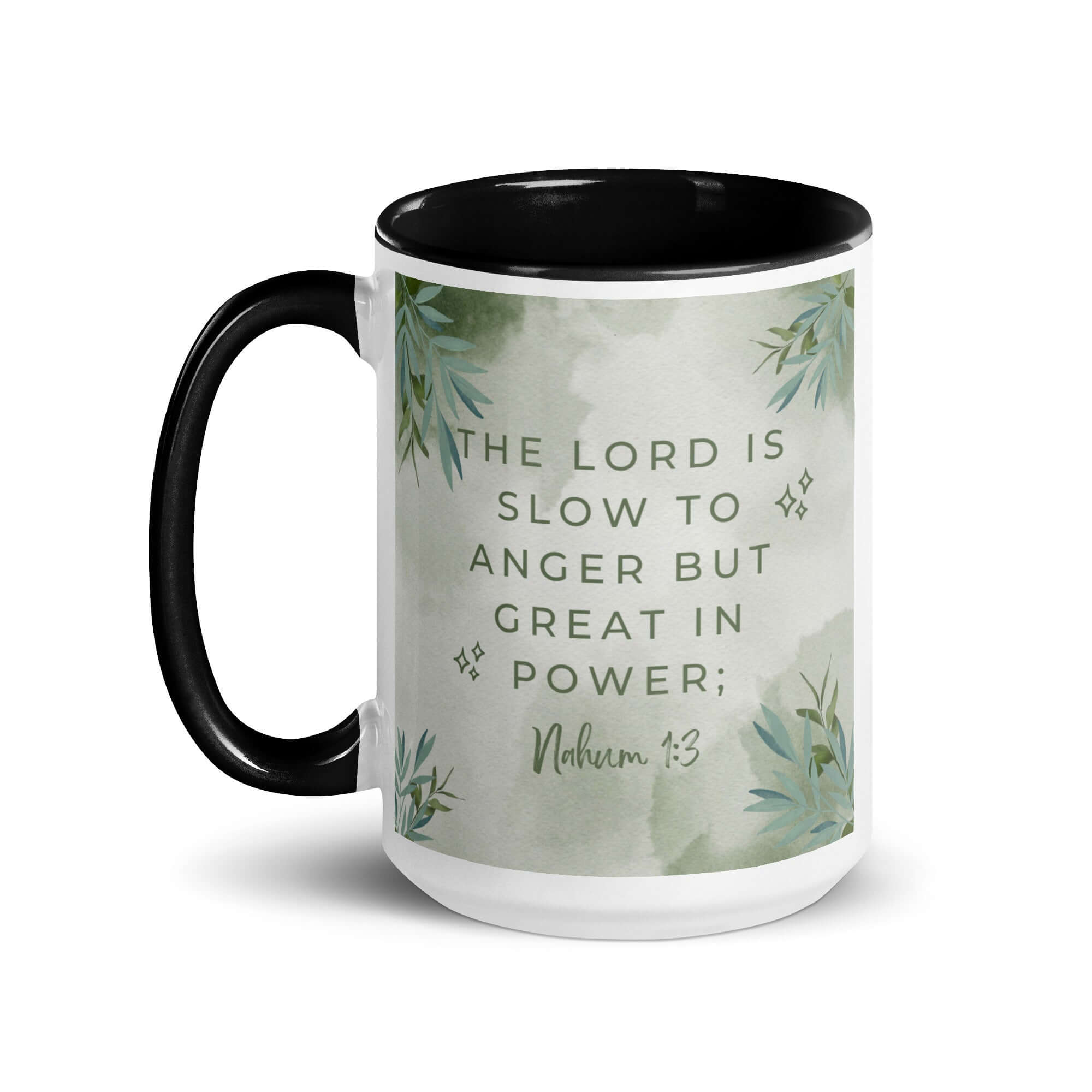 Nahum 1:3 Bible Verse, The Lord is slow White Ceramic Mug with Color Inside