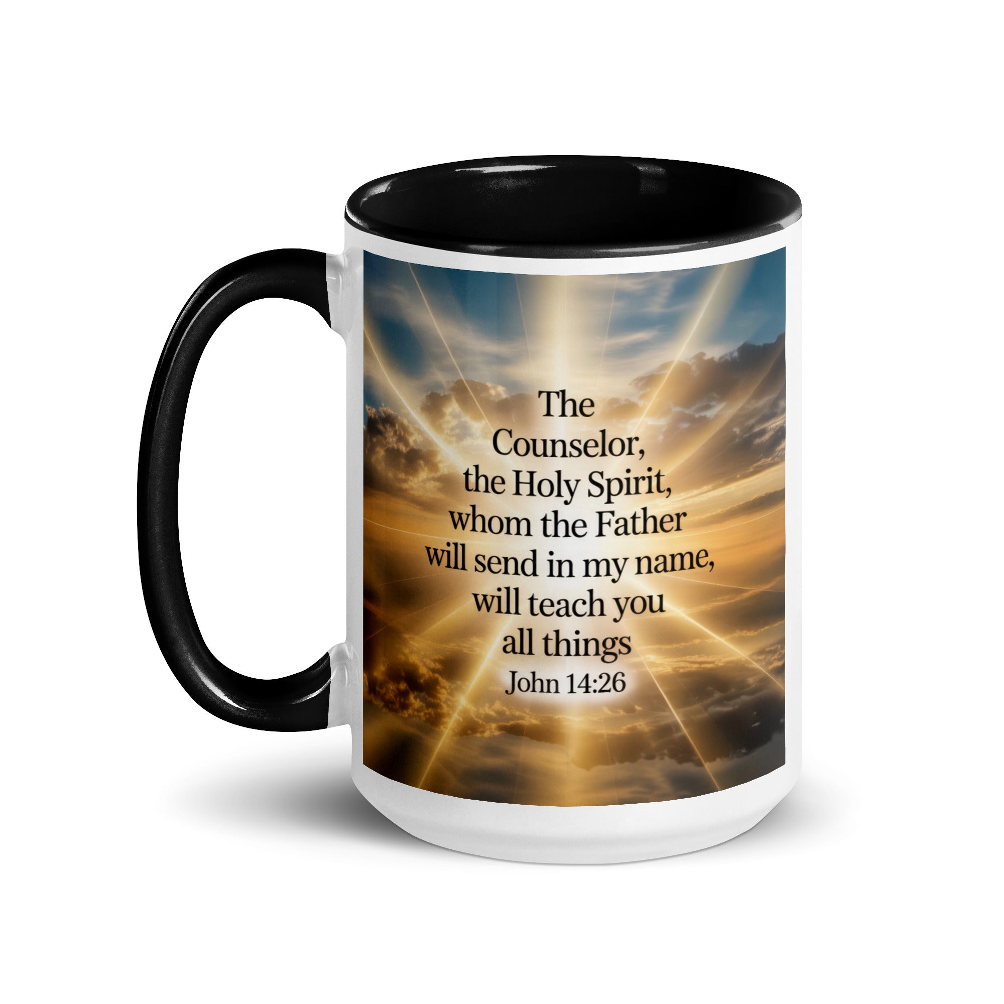 John 14:26 Bible Verse will send White Ceramic Mug with Color Inside