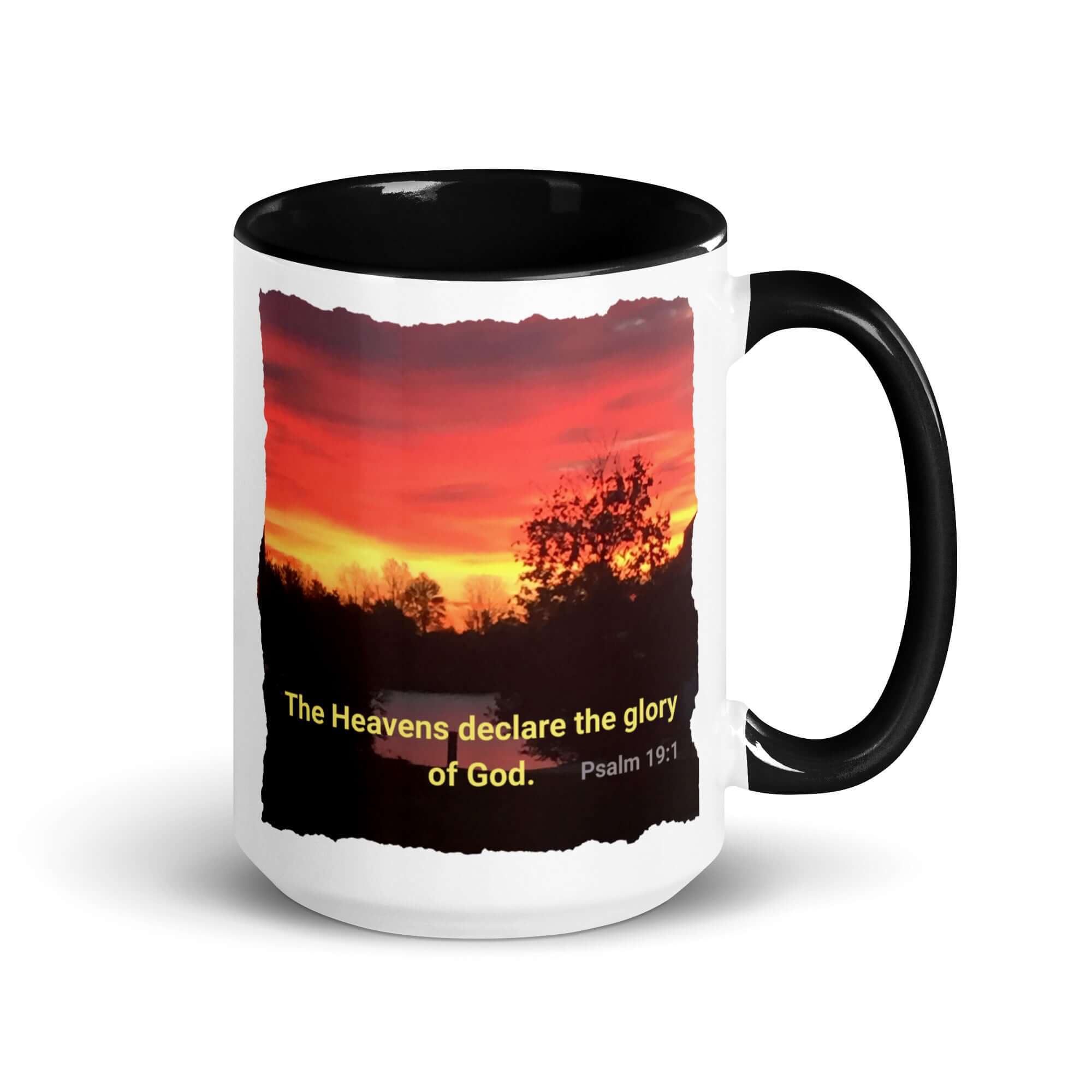 Psalm 19:1 Bible Verse, Sunset Glory White Ceramic Mug with Color Inside