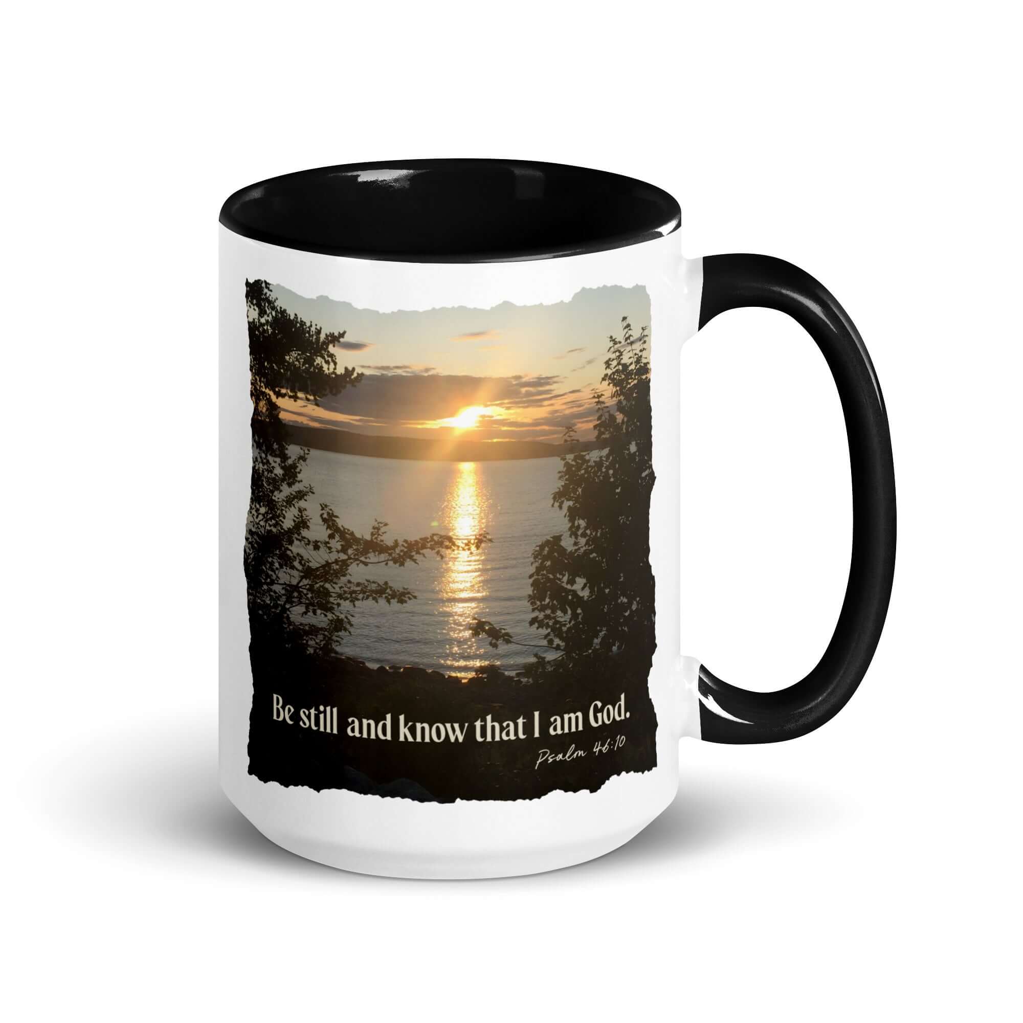 Psalm 46:10 Bible Verse, Sunset Glory White Ceramic Mug with Color Inside