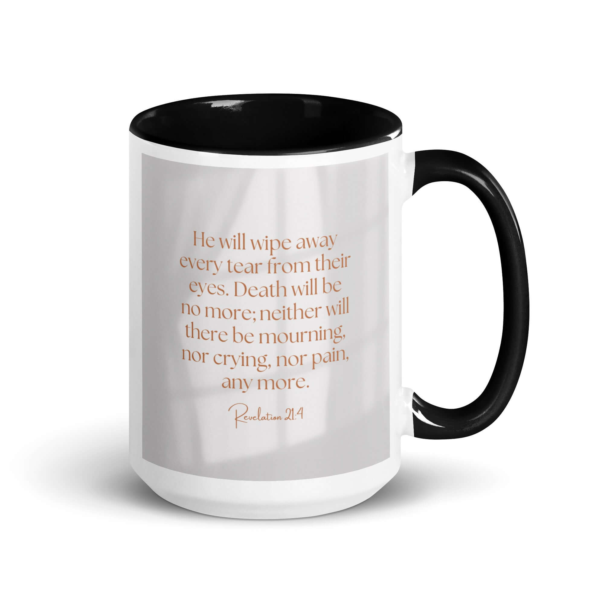 Revelation 21:4 Bible Verse, He will wipe White Ceramic Mug with Color Inside