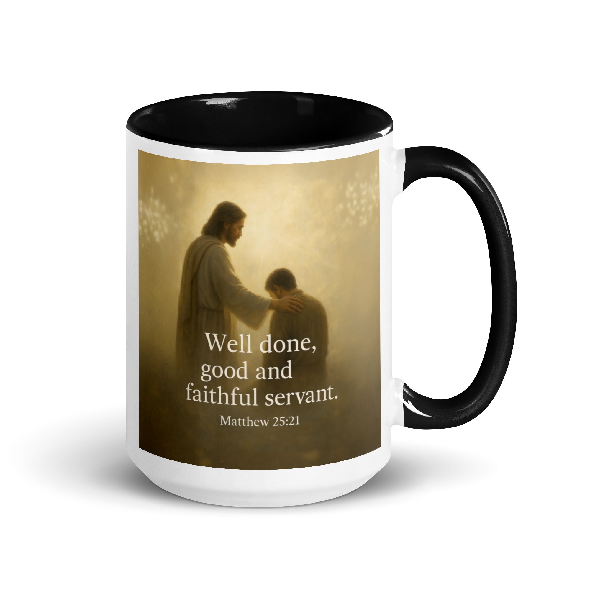 Matthew 25:21 Bible Verse Well Done White Ceramic Mug with Color Inside Black 15 oz