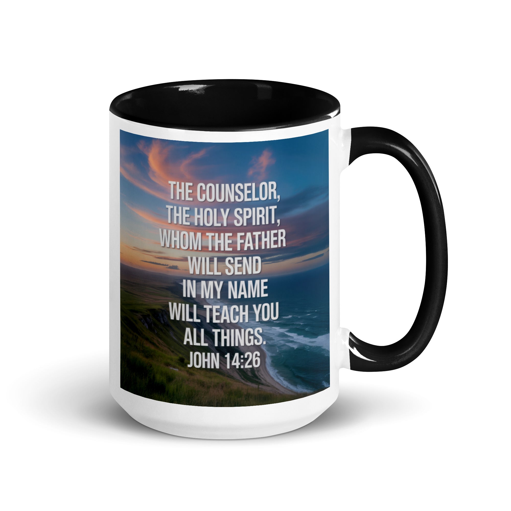 John 14:26 Bible Verse will teach White Ceramic Mug with Color Inside Black 15 oz