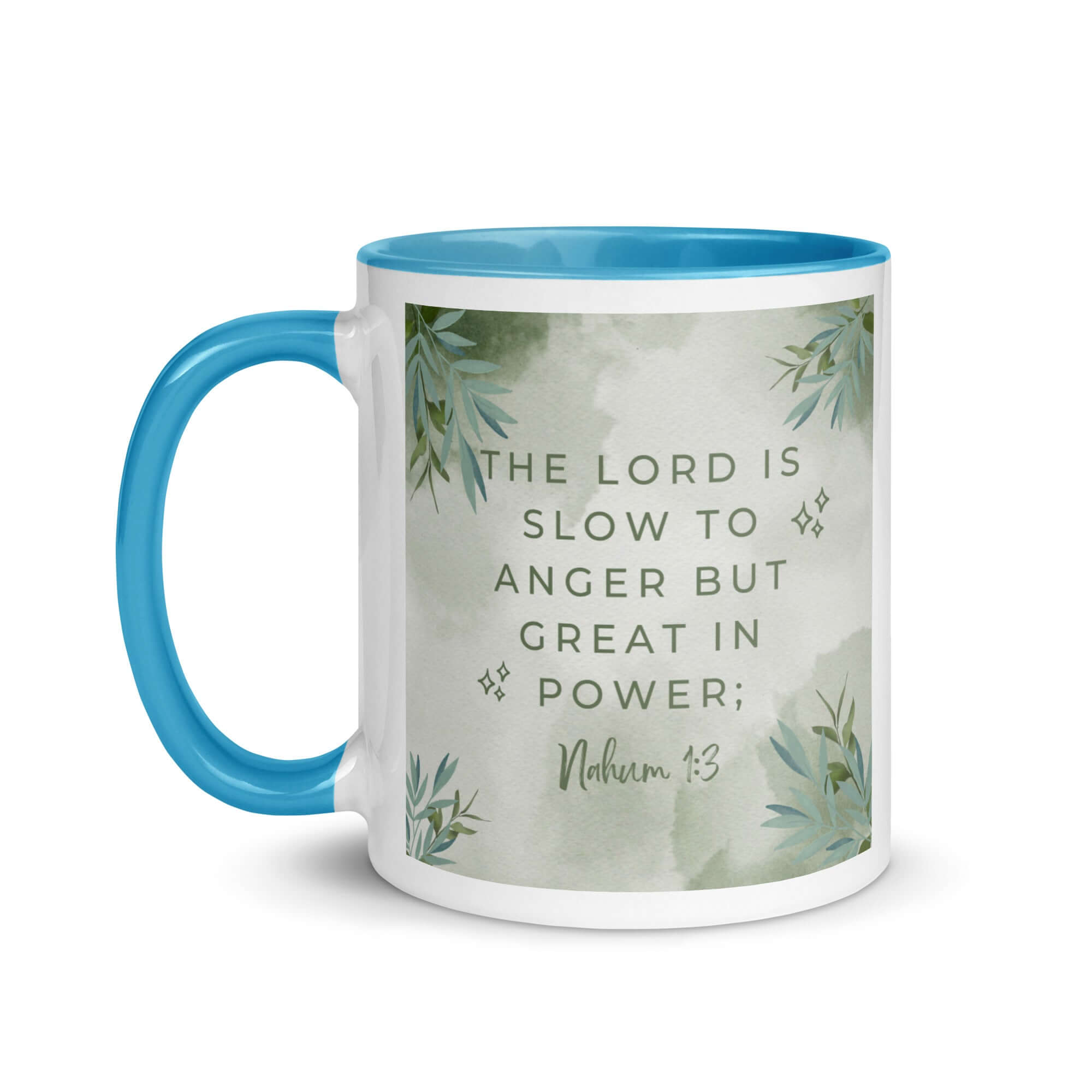 Nahum 1:3 Bible Verse, The Lord is slow White Ceramic Mug with Color Inside