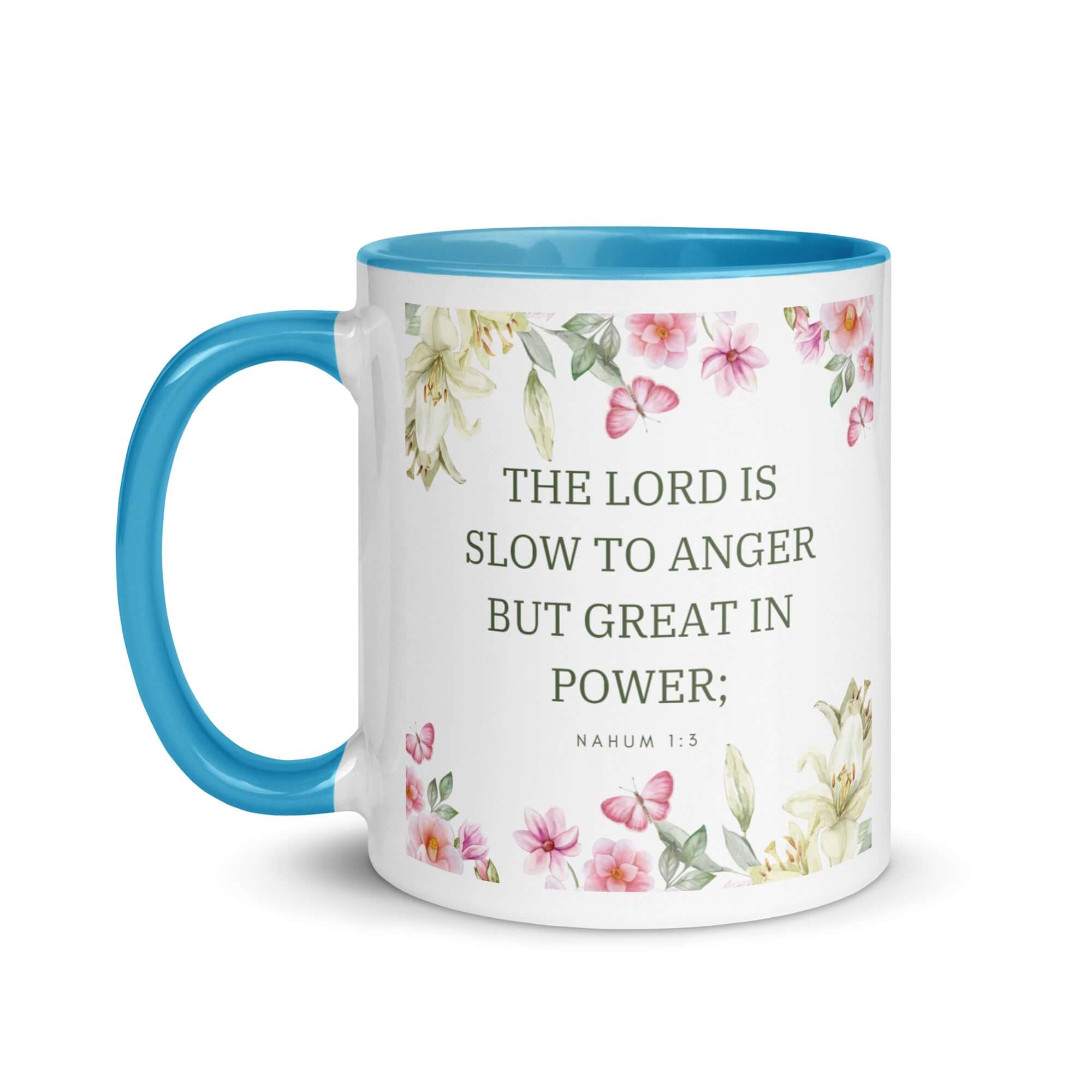 Nahum 1:3 Bible Verse, slow to anger White Ceramic Mug with Color Inside