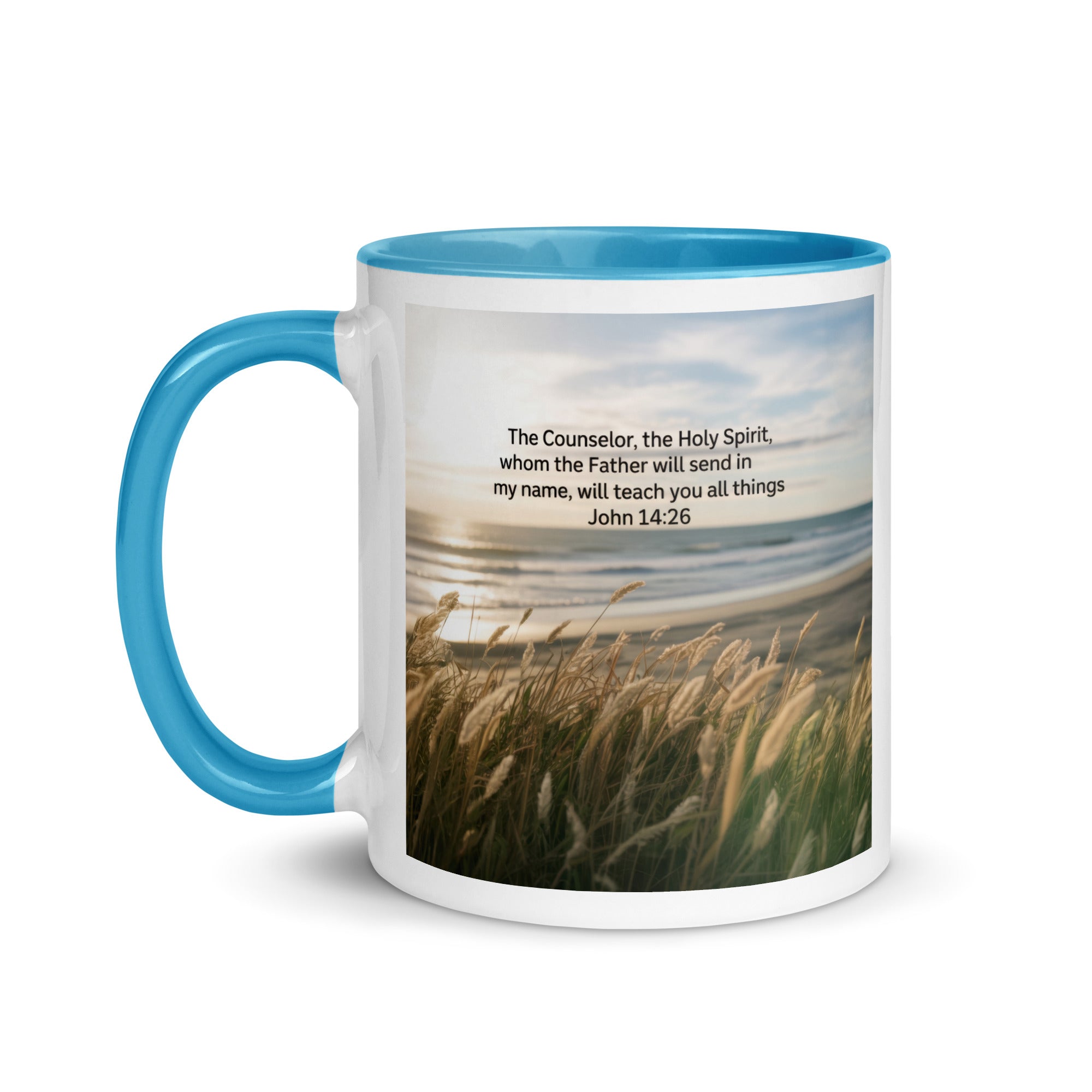 John 14:26 Bible Verse in my name White Ceramic Mug with Color Inside