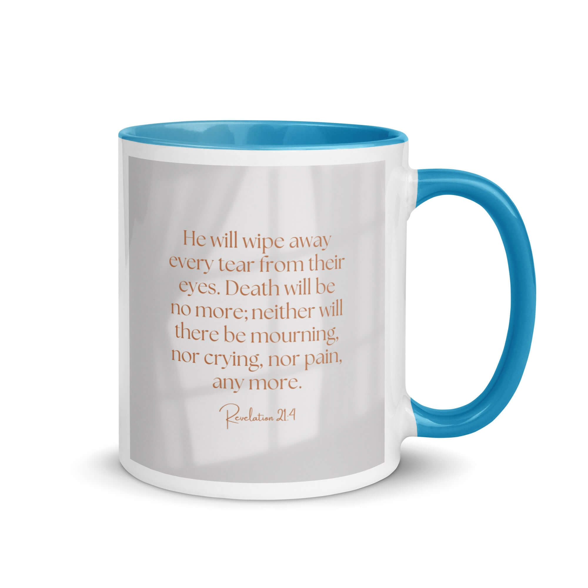 Revelation 21:4 Bible Verse, He will wipe White Ceramic Mug with Color Inside