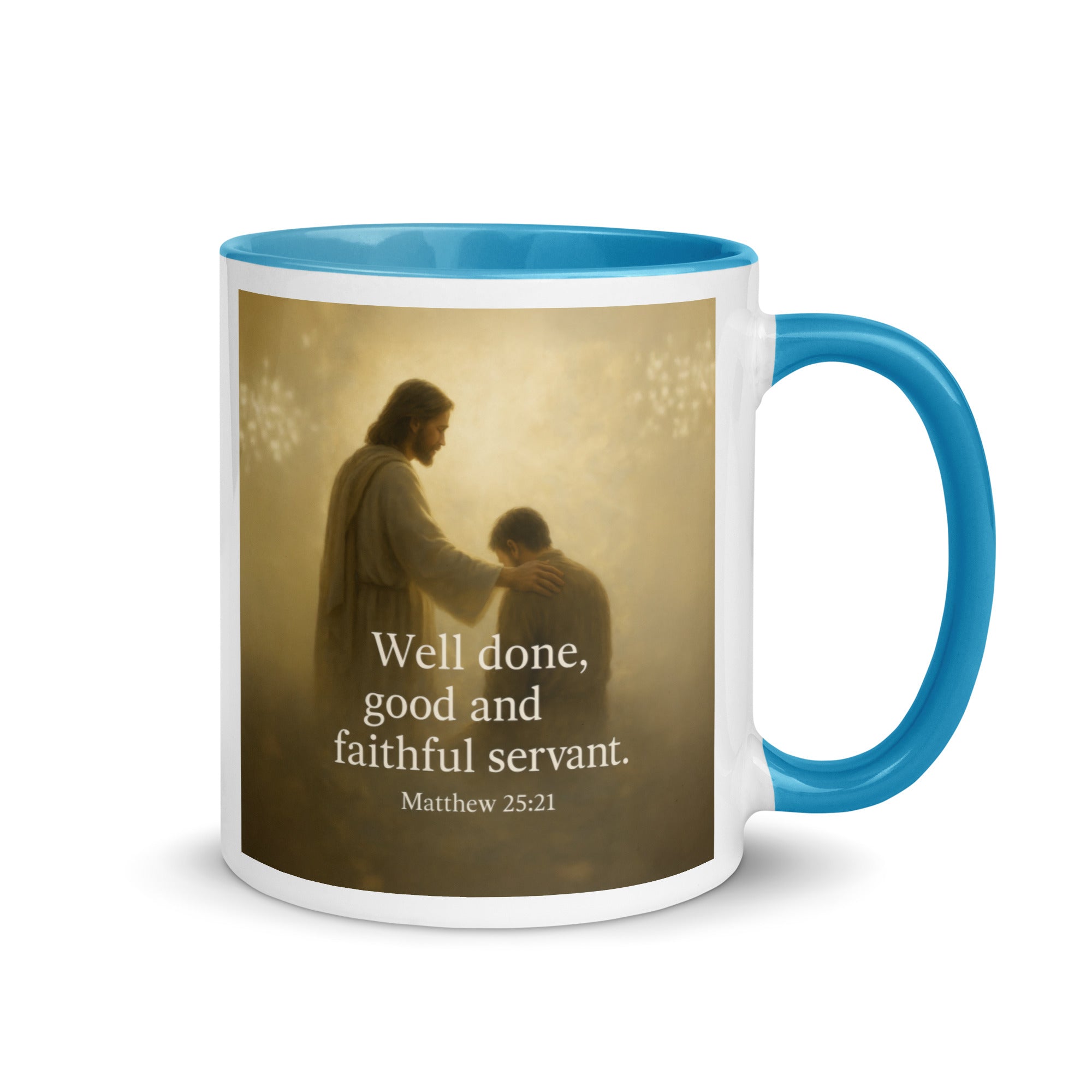 Matthew 25:21 Bible Verse Well Done White Ceramic Mug with Color Inside Blue 11 oz