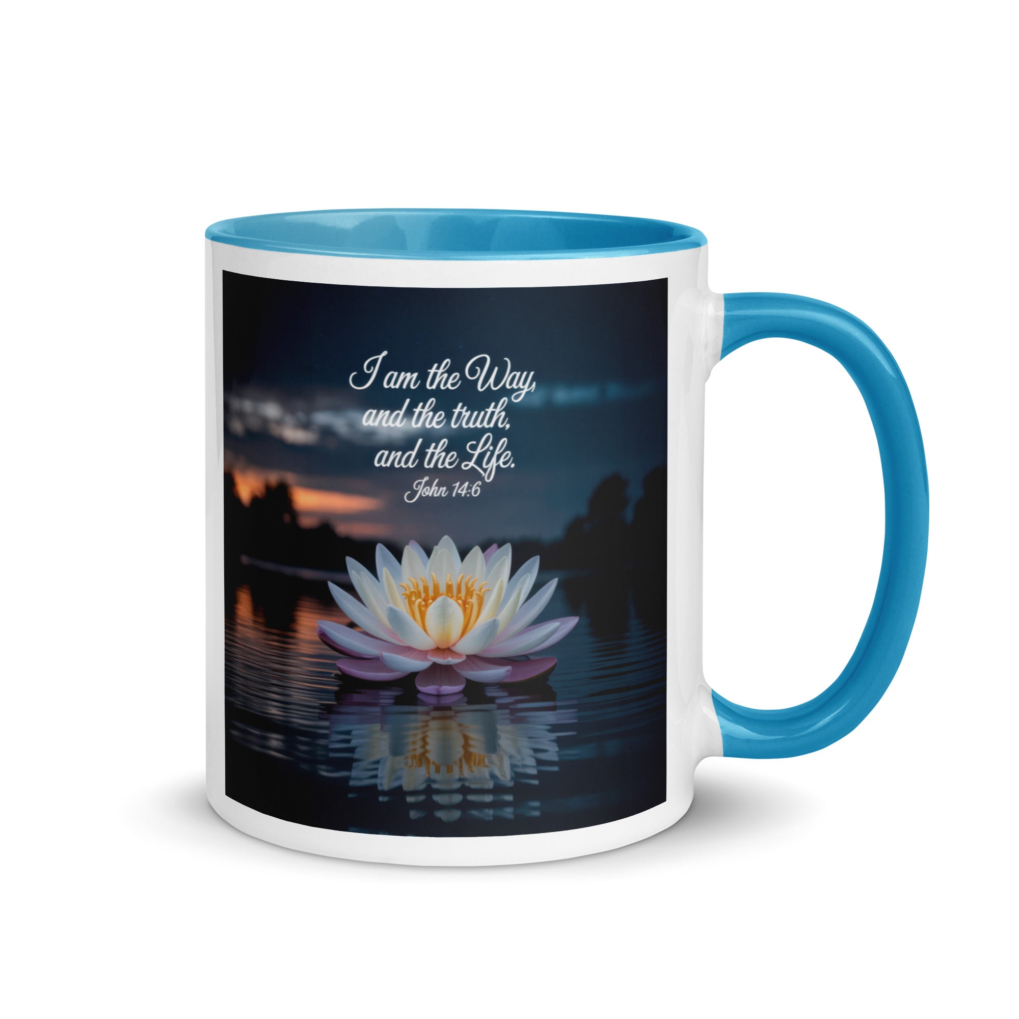 John 14:6 Bible Verse The Father White Ceramic Mug with Color Inside Blue 11 oz