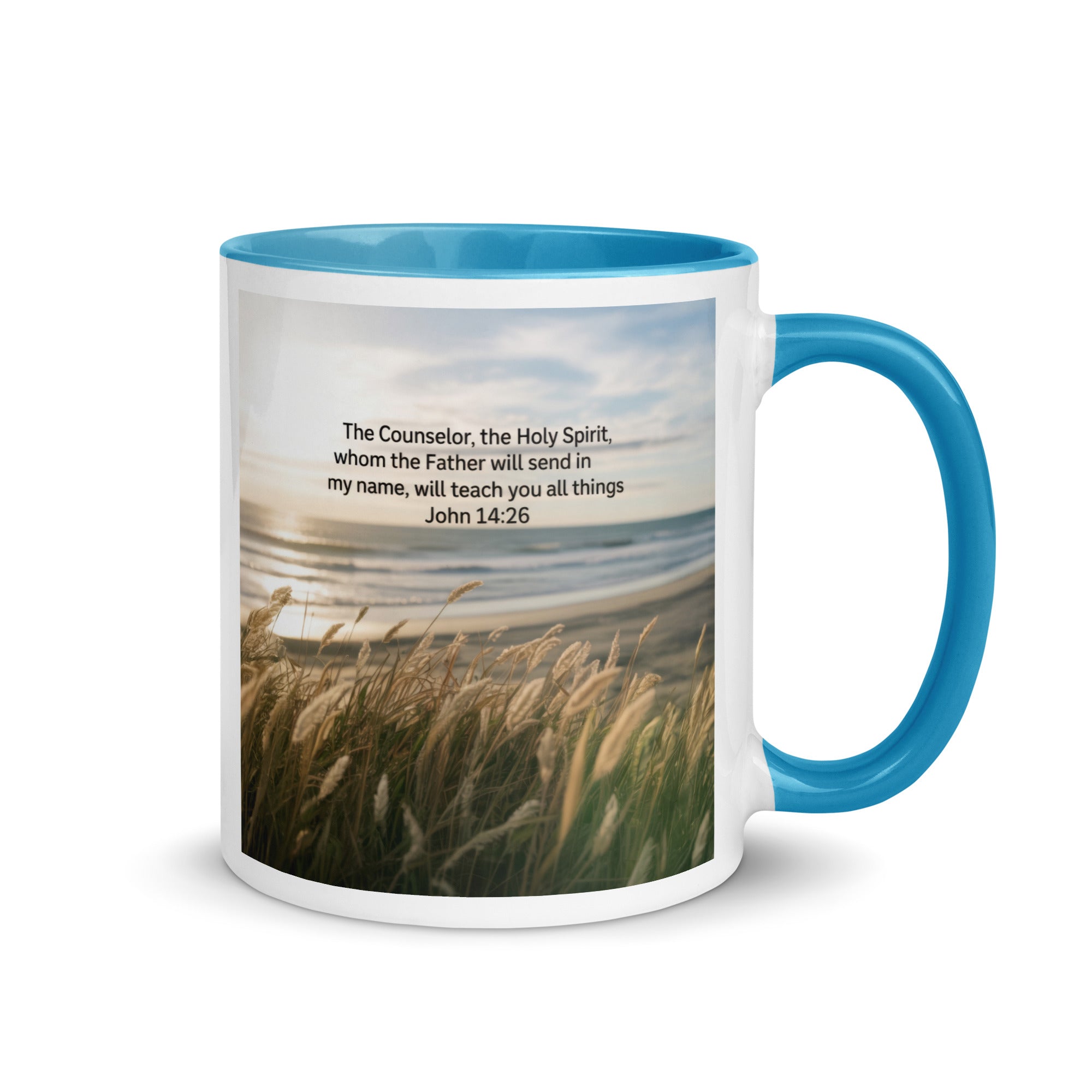 John 14:26 Bible Verse in my name White Ceramic Mug with Color Inside Blue 11 oz